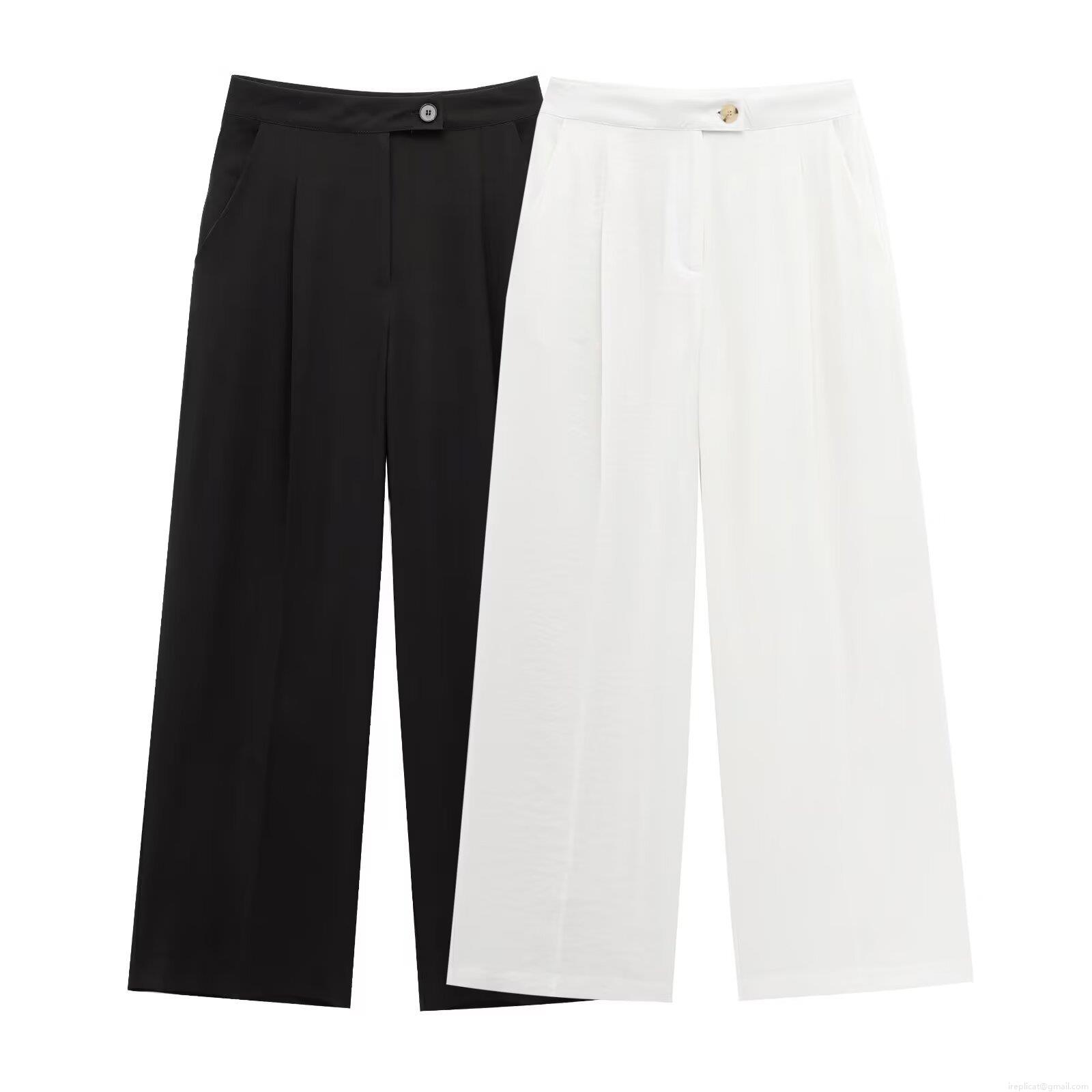 Women High Waist Wide Leg Pants Twill Drapey Trousers For Office Casual Summer Street Fashion Chinlon Polyester Tencel Linen Blend Solid Color Long Pants With Button Pockets