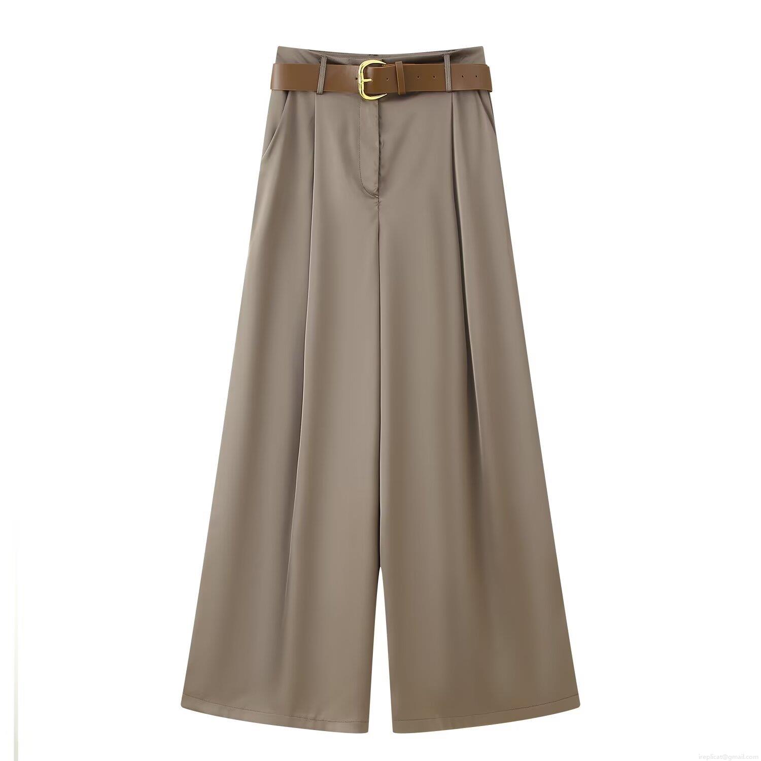 Women Wide Leg Casual Pants With Belt Satin Texture High Waist Pleated Straight Trousers For Office Daily Lady Streetwear Elegant Khaki Long Pants