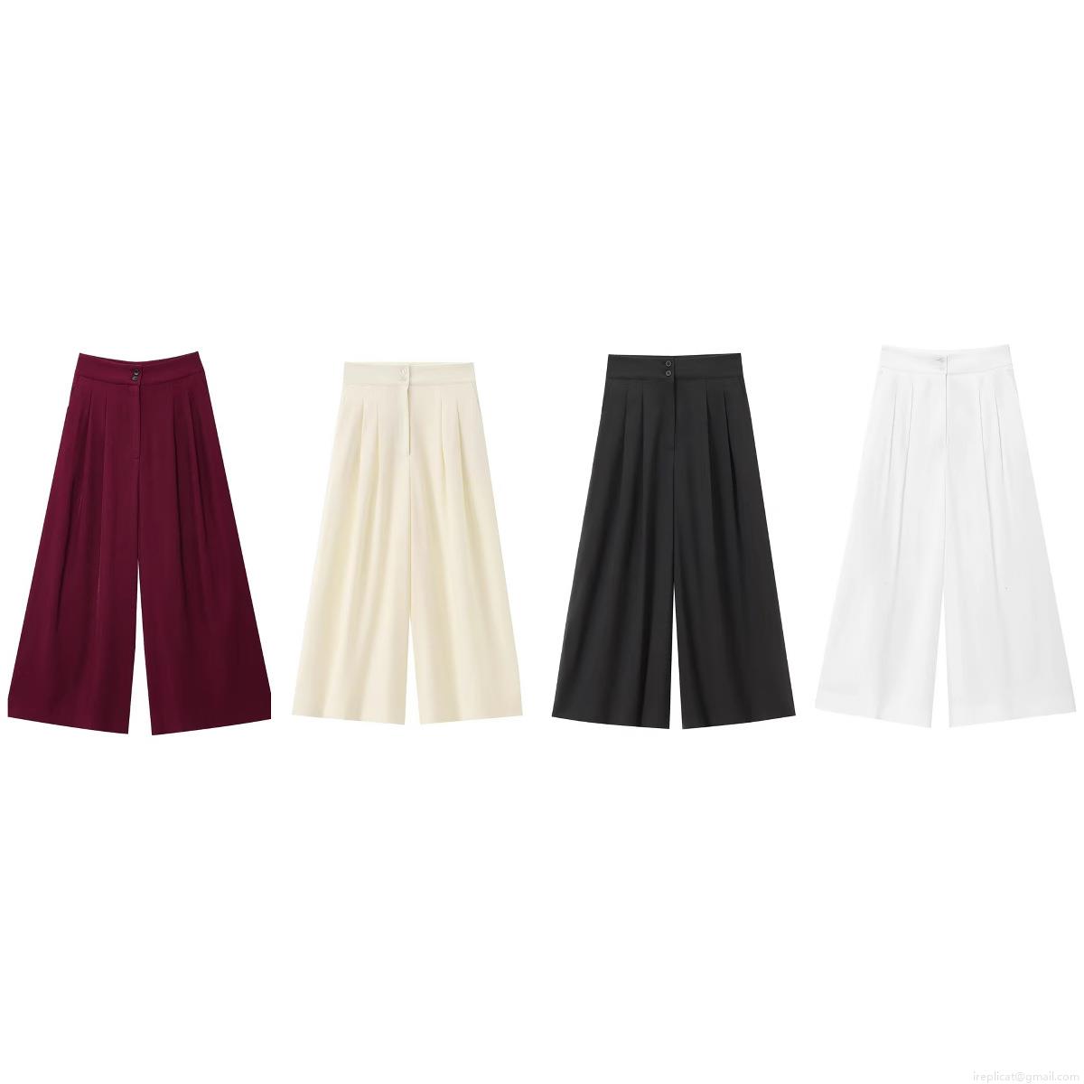 Women's Summer Loose Wide Leg Pants Pleated High Waist Casual Palazzo Trousers Solid Color Button Detail Slacks For Office Daily Wear