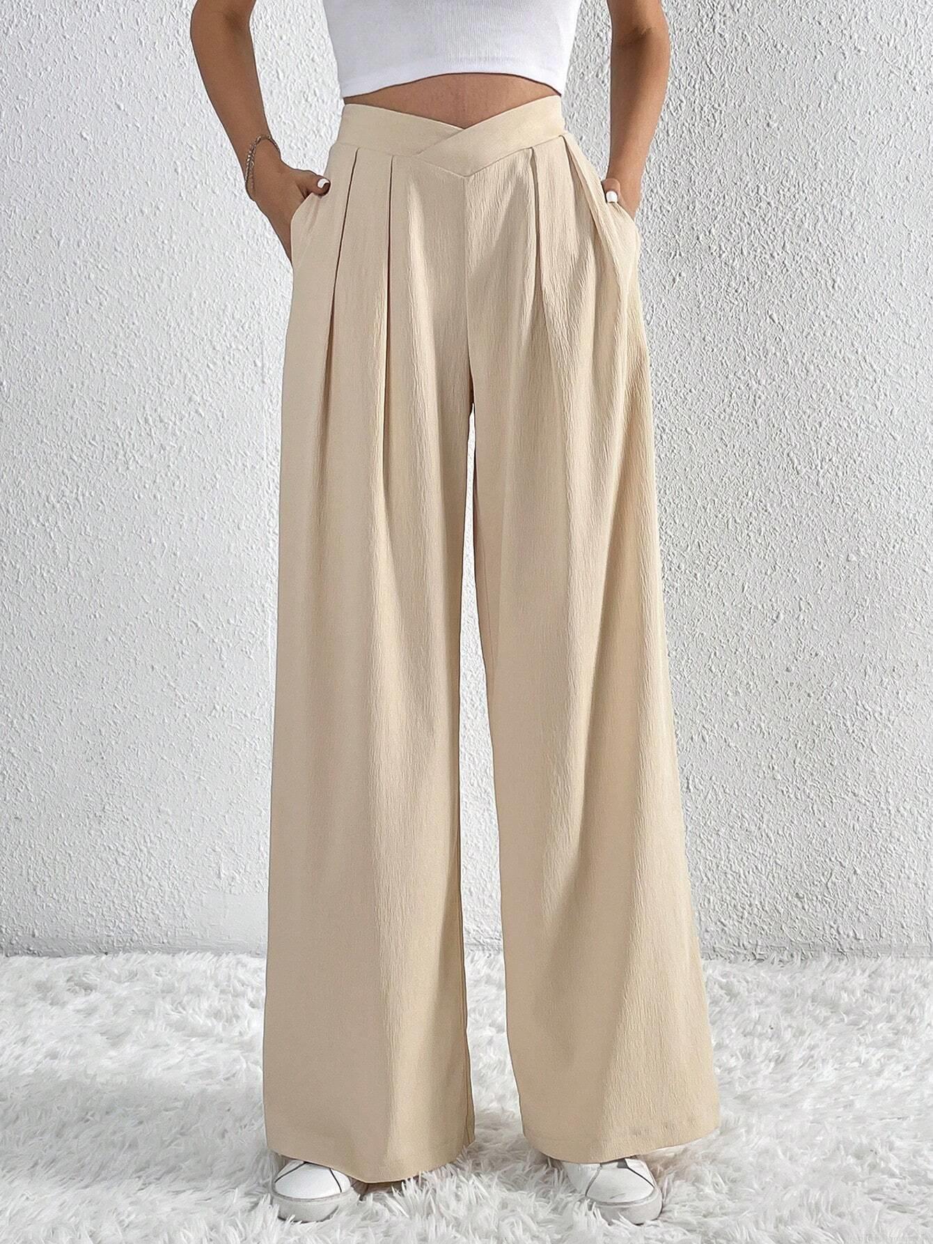 Women's Wide Leg Pants High Waist V-Cross Pleated Loose Polyester Spandex Casual Commute Fashion Flowy Long Trousers For Women