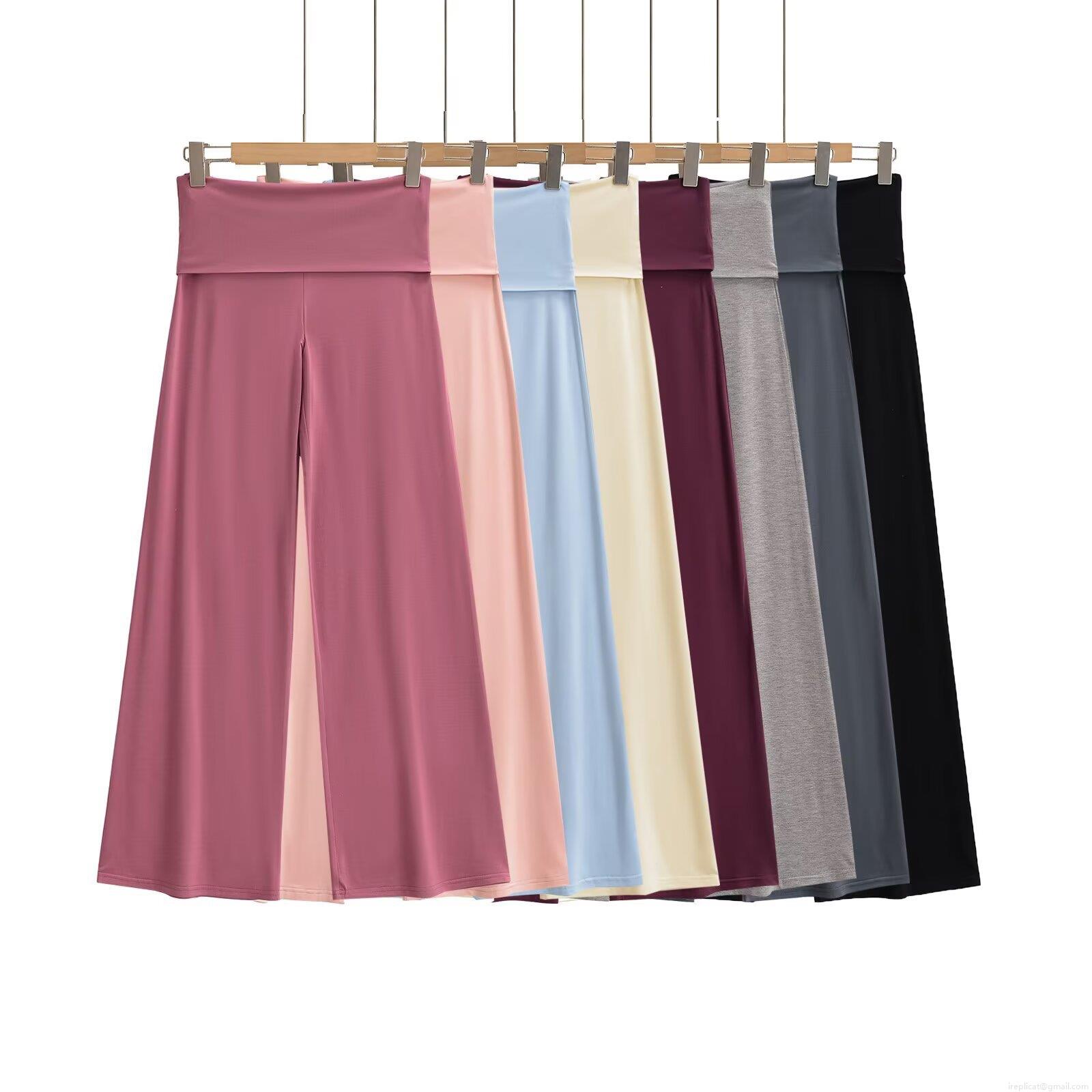 Women's Fold-over Waist Straight Wide Leg Pants Solid Color Viscose Elastane Casual Trousers for Yoga Summer Streetwear Women