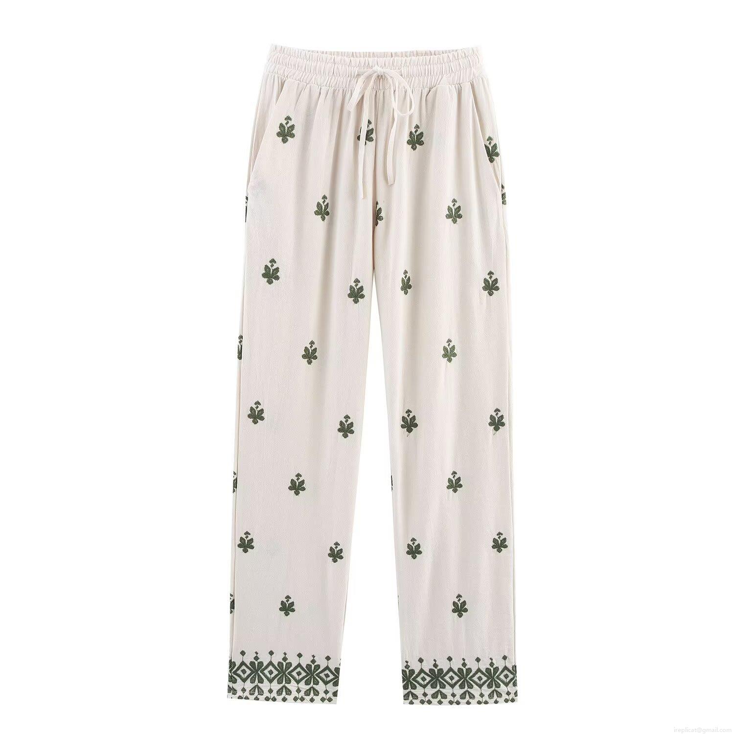 Women's Casual Cotton Blend Embroidery Wide Leg Pants Boho Drawstring Elastic Waist Ethnic Floral Straight Trousers For Summer Streetwear