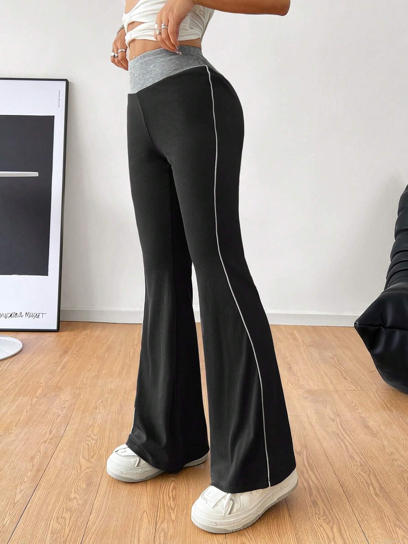 Women High Waisted Flared Pants Ribbed Knit Contrasting Color Waist Side Stripe Slim Fit Casual Commuter Trousers For Women Autumn Winter Viscose Blend Stretchy Flare Leggings