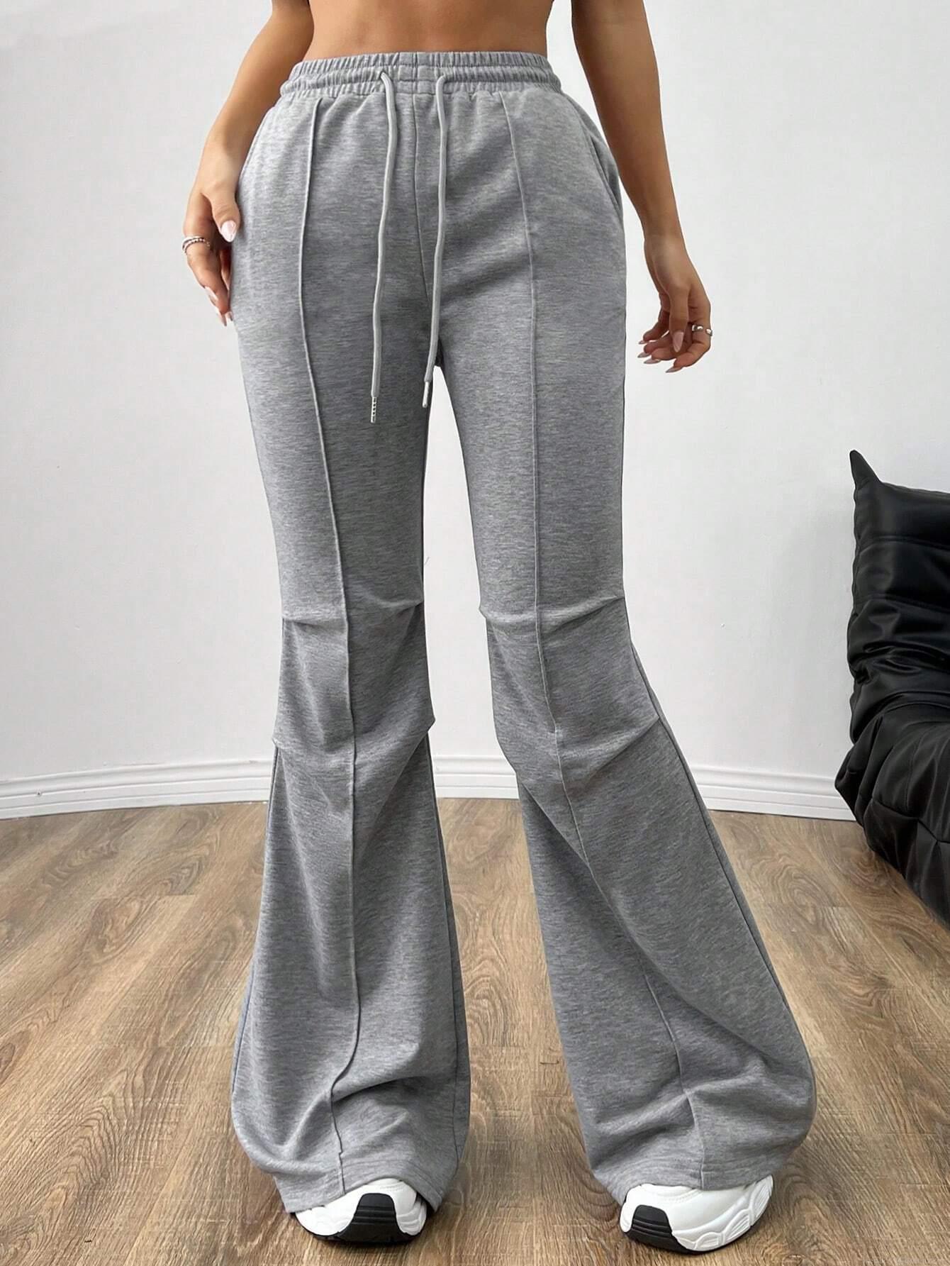 Women's Casual Flare Leg Pants Cotton Polyester Blend Drawstring Elastic High Waist Wide Leg Trousers For Commuting Daily Wear Solid Color Slimming Long Pants