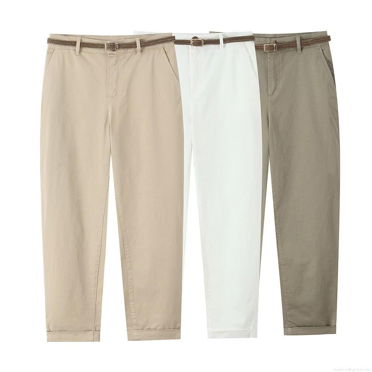 Women's Straight Leg Casual Pants with Woven Belt Summer Polyester Solid Color Trousers Streetwear Low Waist Long Pants for Ladies