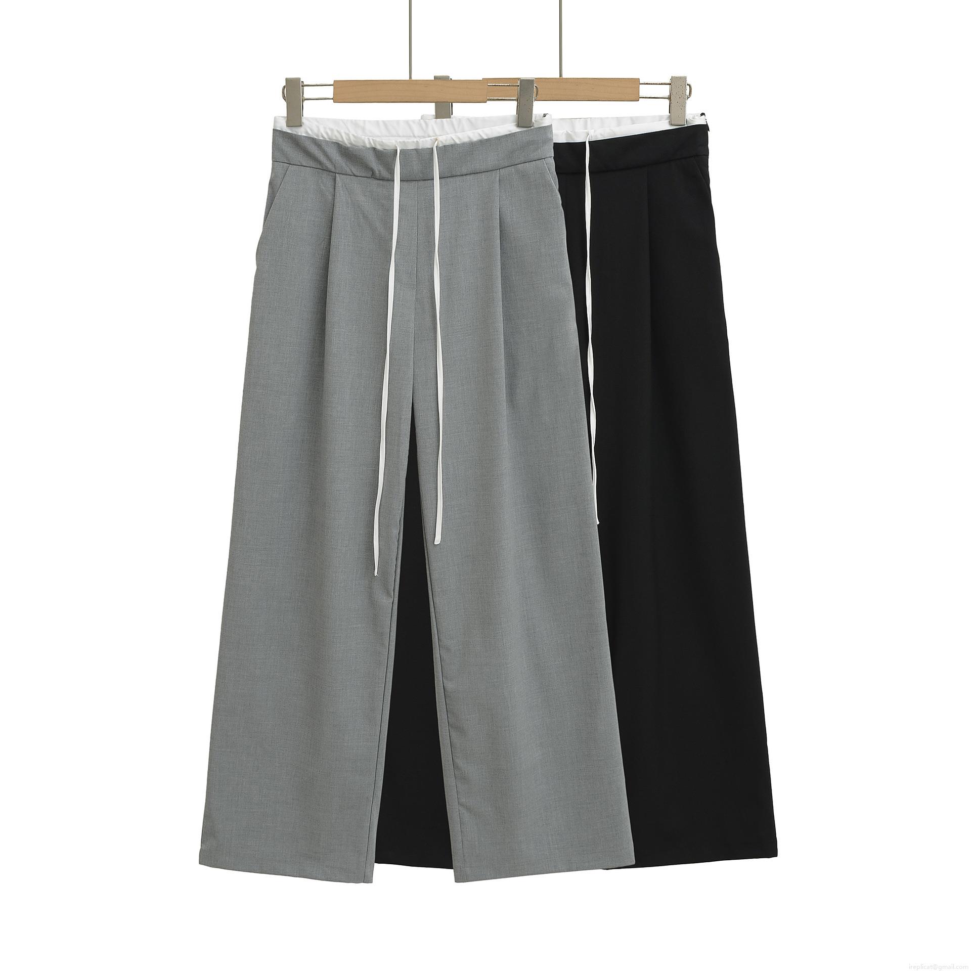 Women Double Waistband Wide Leg Pants Casual Drawstring High Waist Cotton Polyester Blend Trousers Streetwear Baggy Autumn Bottoms For Ladies