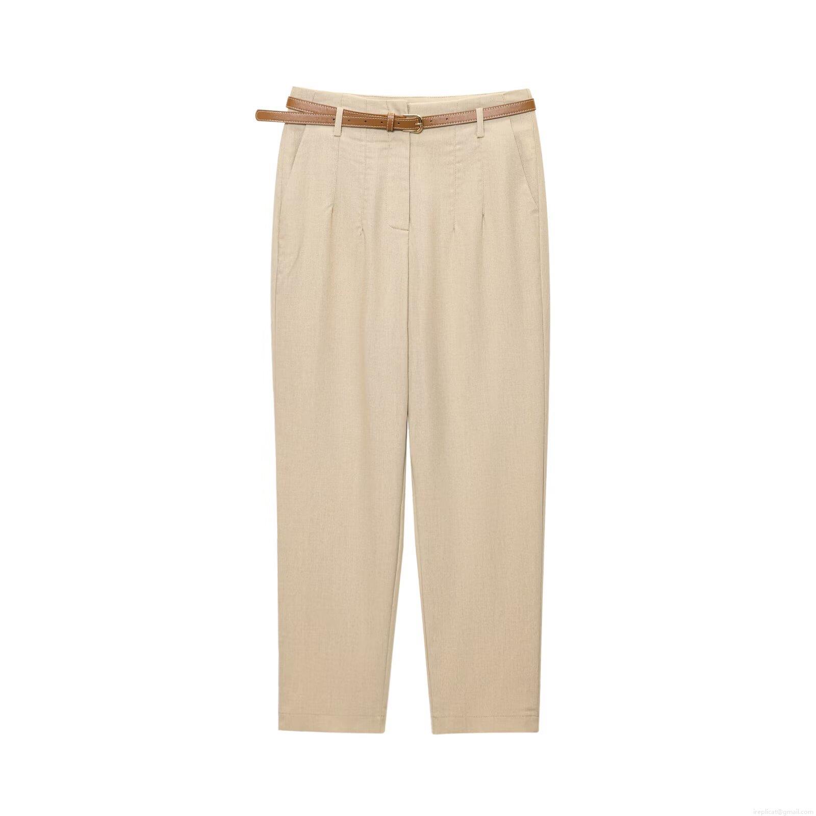 Women's Fashion Casual Straight Leg Trousers With Brown Belt High Waist Solid Color Polyester Blend Pants For Office Streetwear Daily