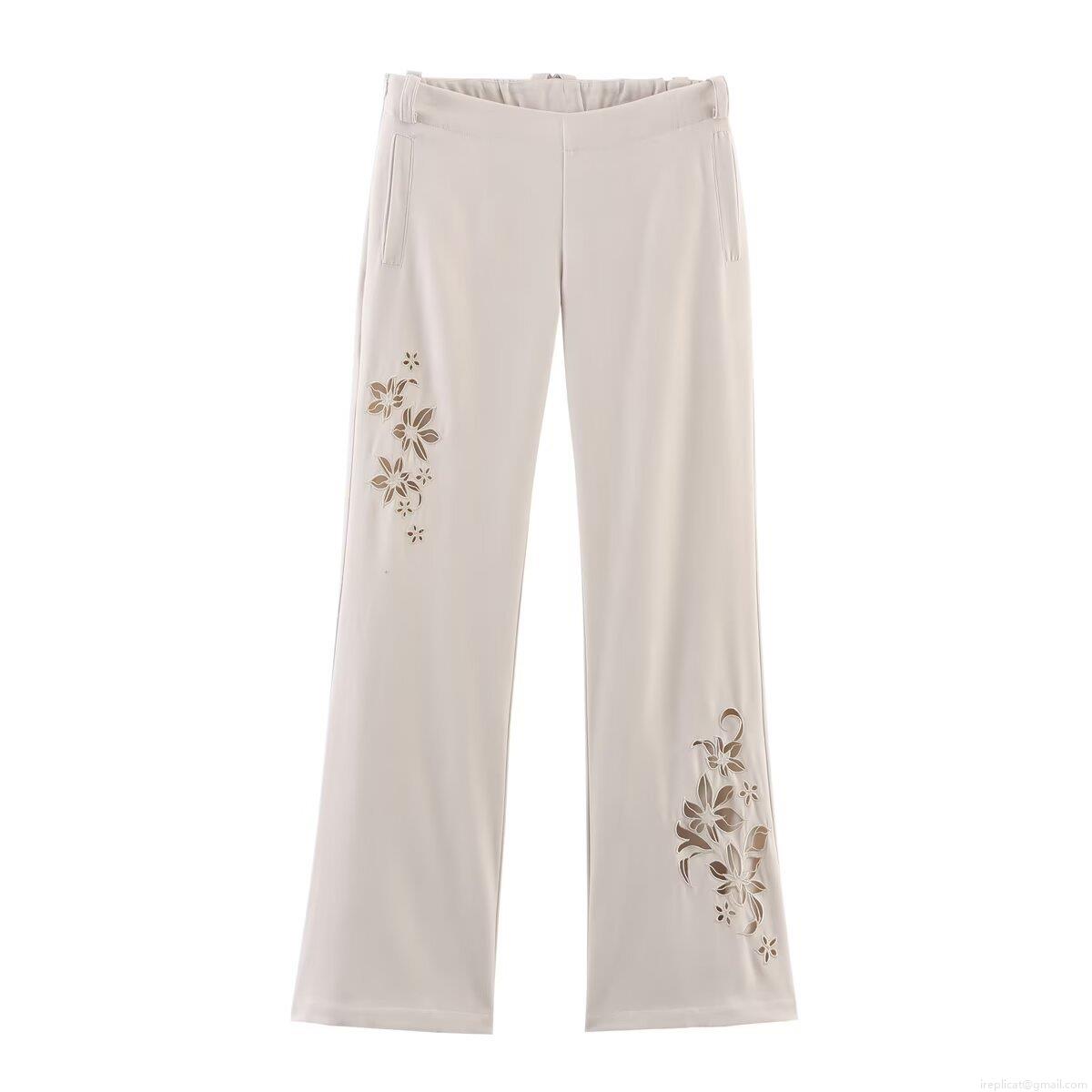 Women's Summer Loose Casual Flare Pants Embroidery Hollow Out Polyester Beige Wide Leg Trousers For Daily Vacation Street Style Ladies Comfortable