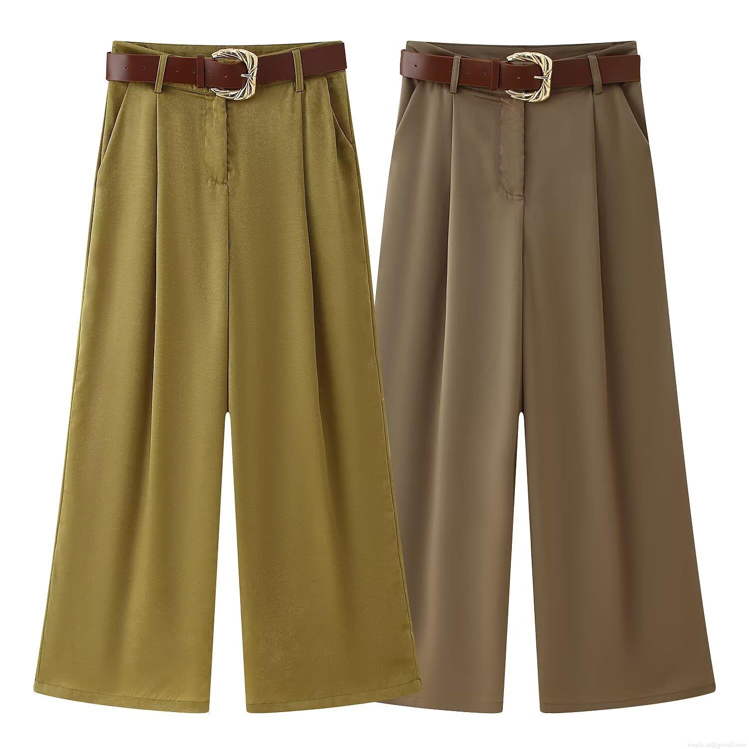 Women's High Waisted Wide Leg Trousers with Belt Solid Color Pleated Casual Loose Pants Autumn Streetwear Fashion Polyester Trousers