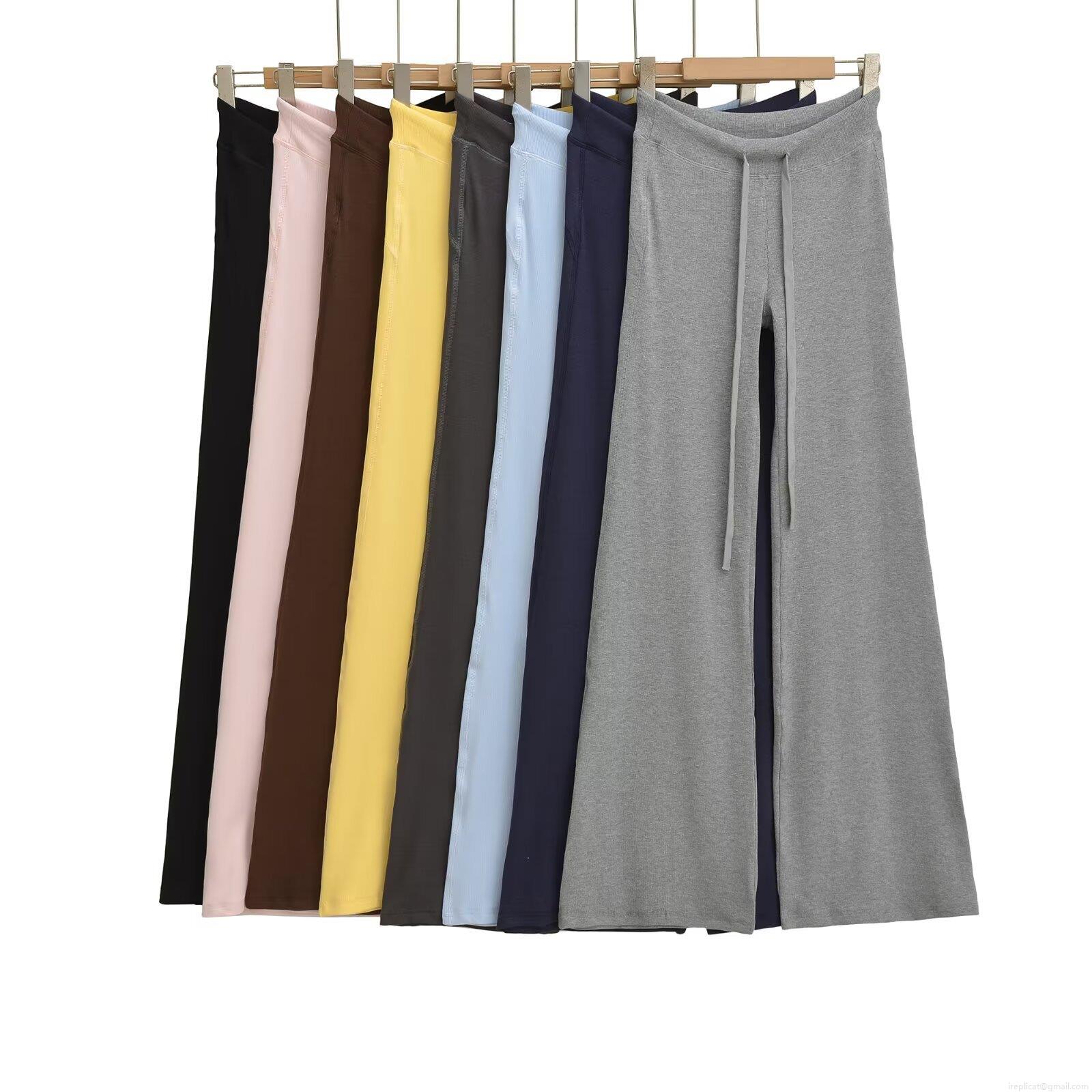 Women Ribbed Knit Flare Pants Solid Color Drawstring Elastic Waist Casual Wide Leg Bell Bottom Trousers Autumn Streetwear Yoga Pants For Women