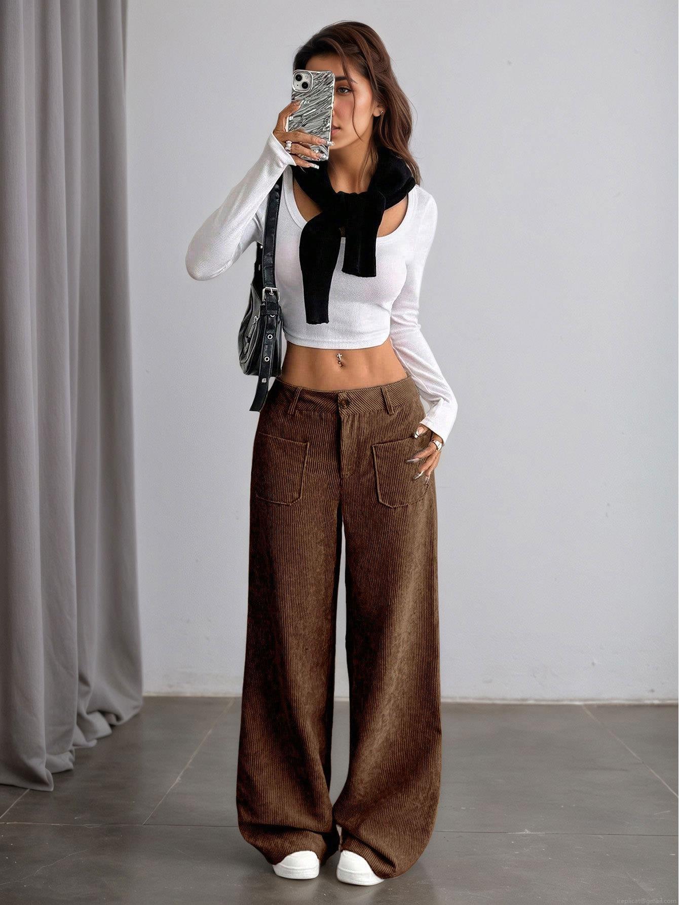 Women High Waist Corduroy Wide Leg Pants Loose Casual Solid Color Straight Trousers With Front Pockets Vintage Streetwear For Autumn Winter Ladies