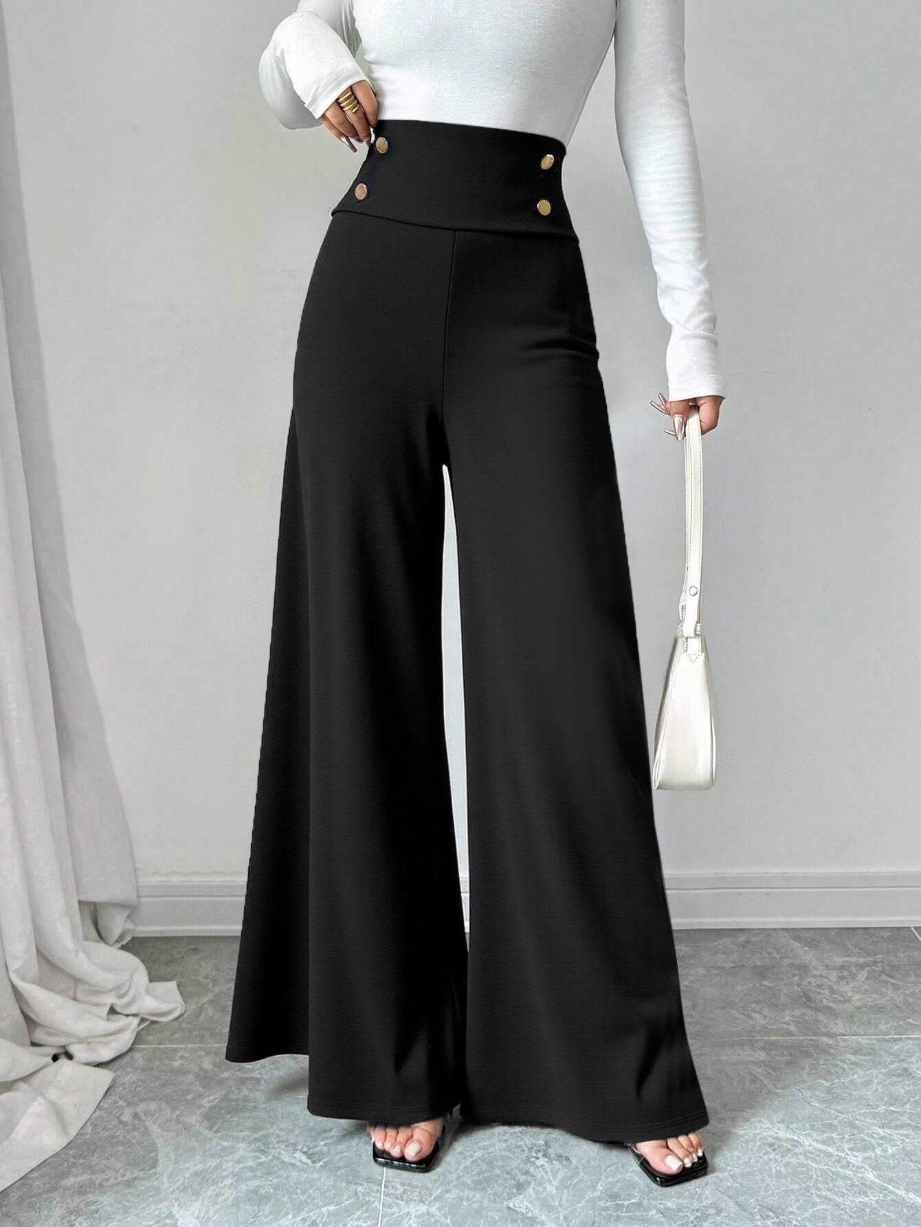 Women's High Waist Wide Leg Pants Gold Button Decoration Drape Straight Trousers For Office Work Business Casual Slimming Floor Length Slacks