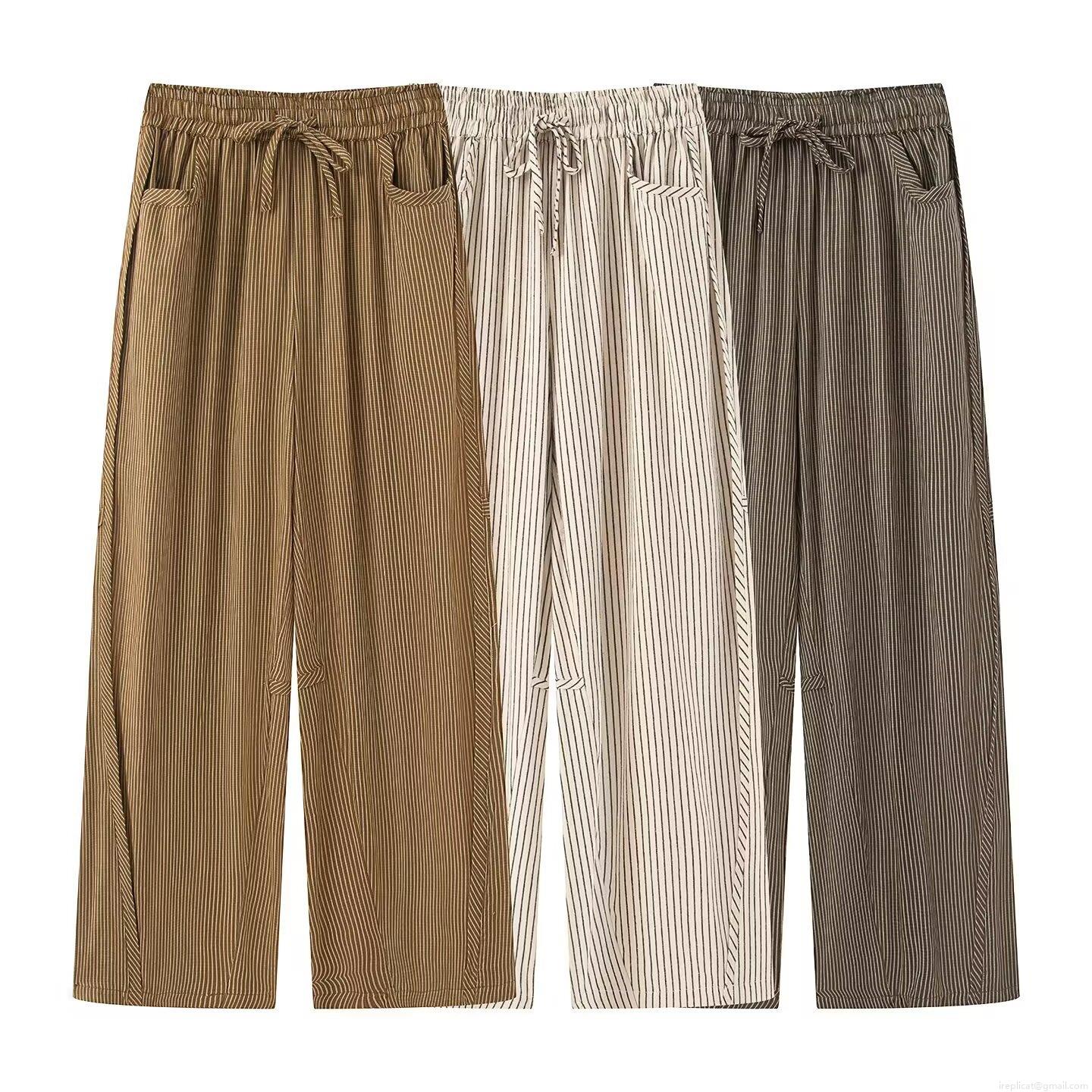 Women's Vertical Striped Wide Leg Pants Elastic High Waist Drawstring Casual Trousers Loose Straight Streetwear Fall Long Pants