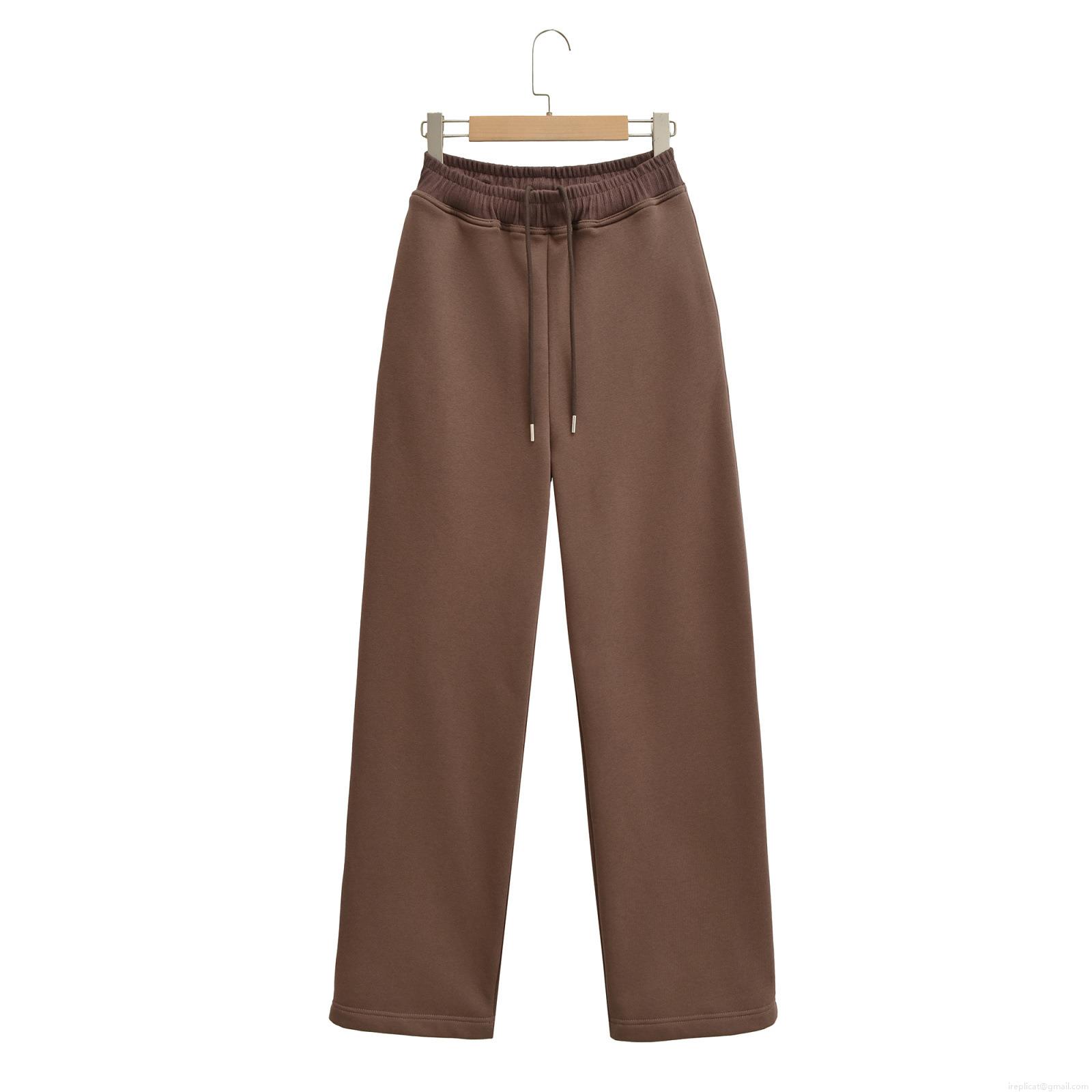 Women's Autumn European Style Elastic Waist Drawstring Fleece Lined Wide Leg Casual Pants Streetwear Warm Solid Color Loose Trousers For Daily Wear