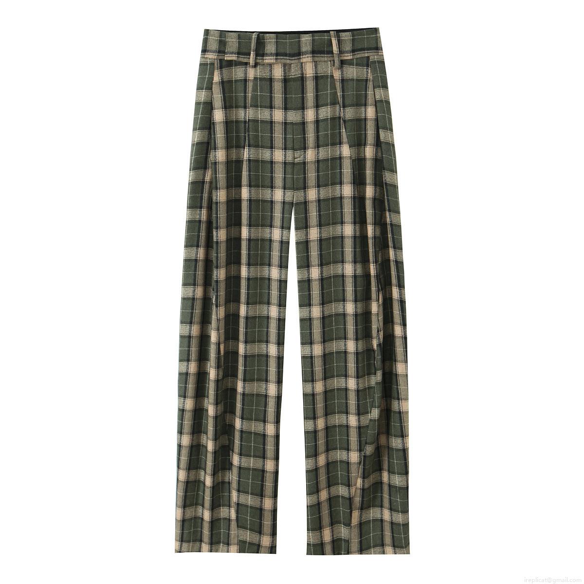 Women's Retro Plaid Wide Leg Pants High Waist Loose Casual Checkered Trousers With Pockets Autumn Winter Polyester Straight Leg Fashion Bottoms