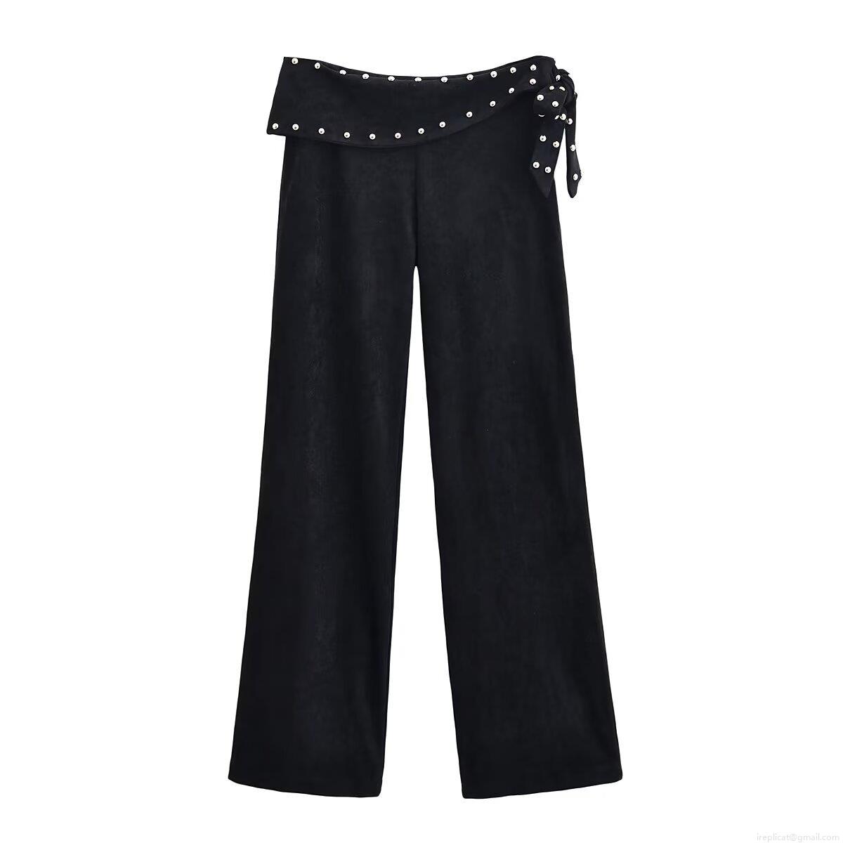 Women's Flare Pants Sueded Polyester Wide Leg Trousers With Rivet Studded Detail Side Bow Lace Up Casual Streetwear Black Autumn Winter Bottoms