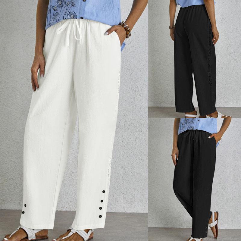 Women's Casual Wide Leg Pants Hollow Lace Side Straight Trousers Adjustable Drawstring Elastic Waist Solid Color Long Pants with Buttons for Summer Vacation Commute Women