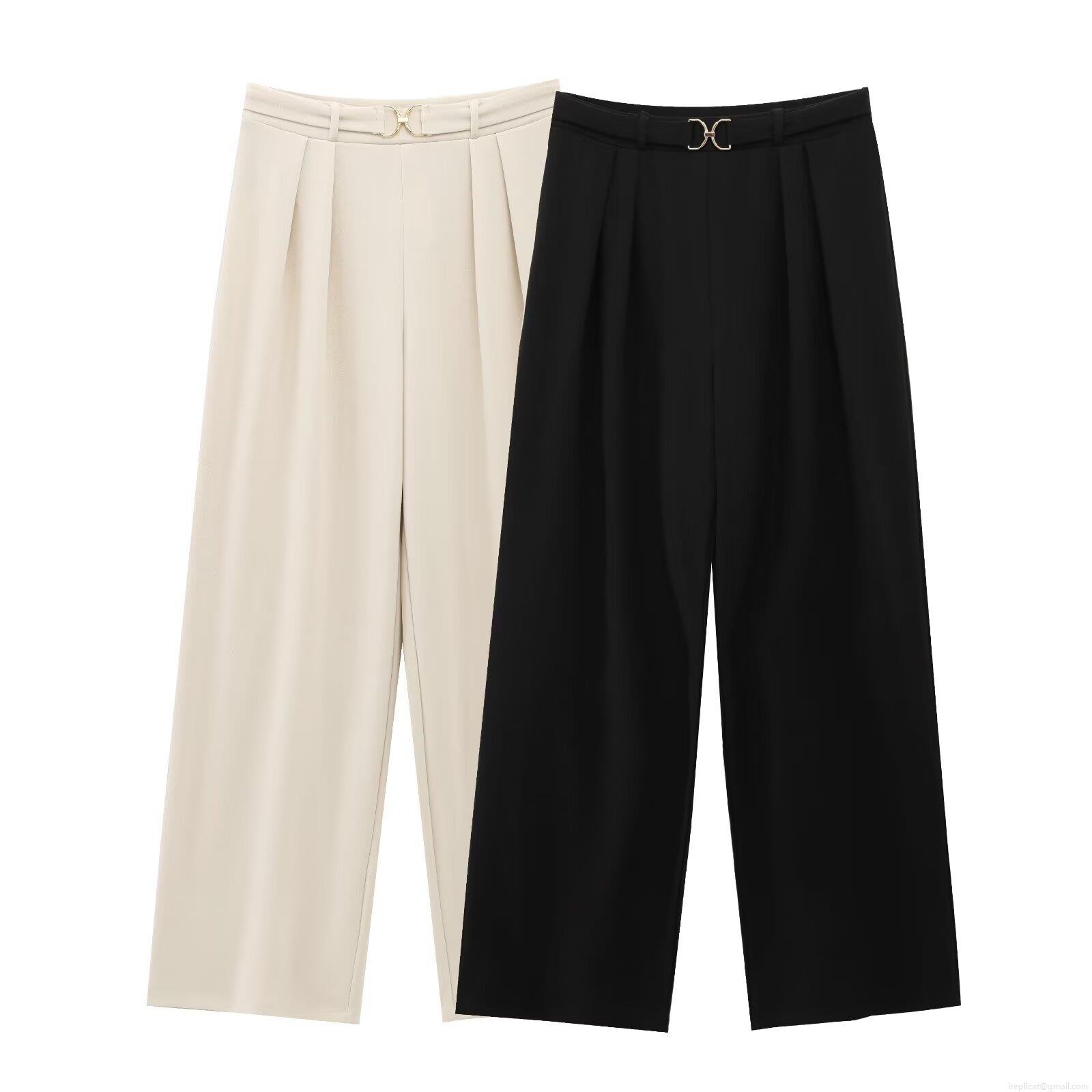 Women High Waisted Wide Leg Pants With Metal Buckle Decor Casual Straight Trousers Solid Color Office Lady Long Pants Polyester Spandex Trousers