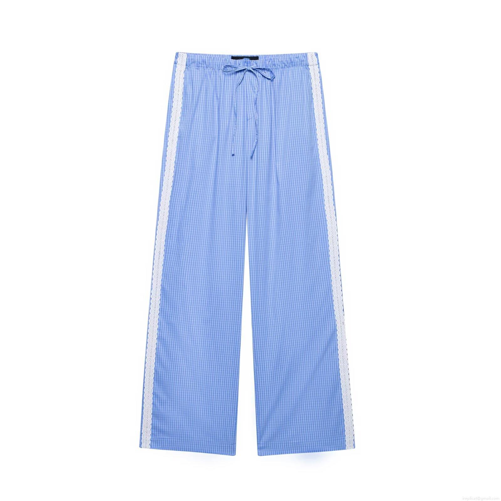 Women's Casual Blue Striped Wide Leg Pants With Lace Trim Drawstring High Waist Lightweight Straight Trousers Pajama Style Summer Fashion