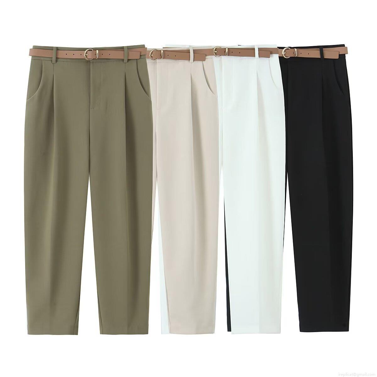 Women's High Waist Tapered Casual Trousers With Belt Polyester Spandex Summer Fashion Solid Color Office Work Pants For Women Elegant Ankle Length Dress Pants