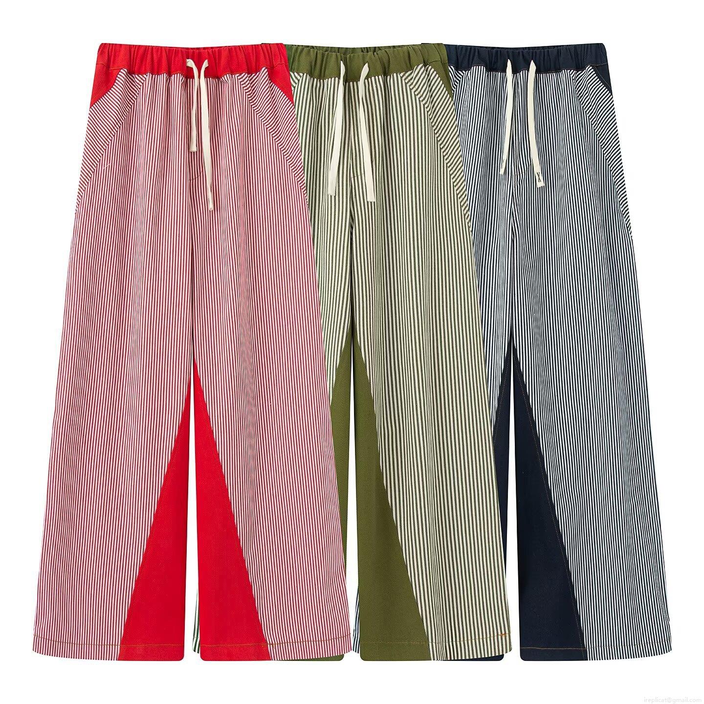 Women's Casual High Waist Wide Leg Striped Pants Fashion Loose Fit Straight Leg Trousers With Drawstring Patchwork Design Striped Bottoms 2025 Summer