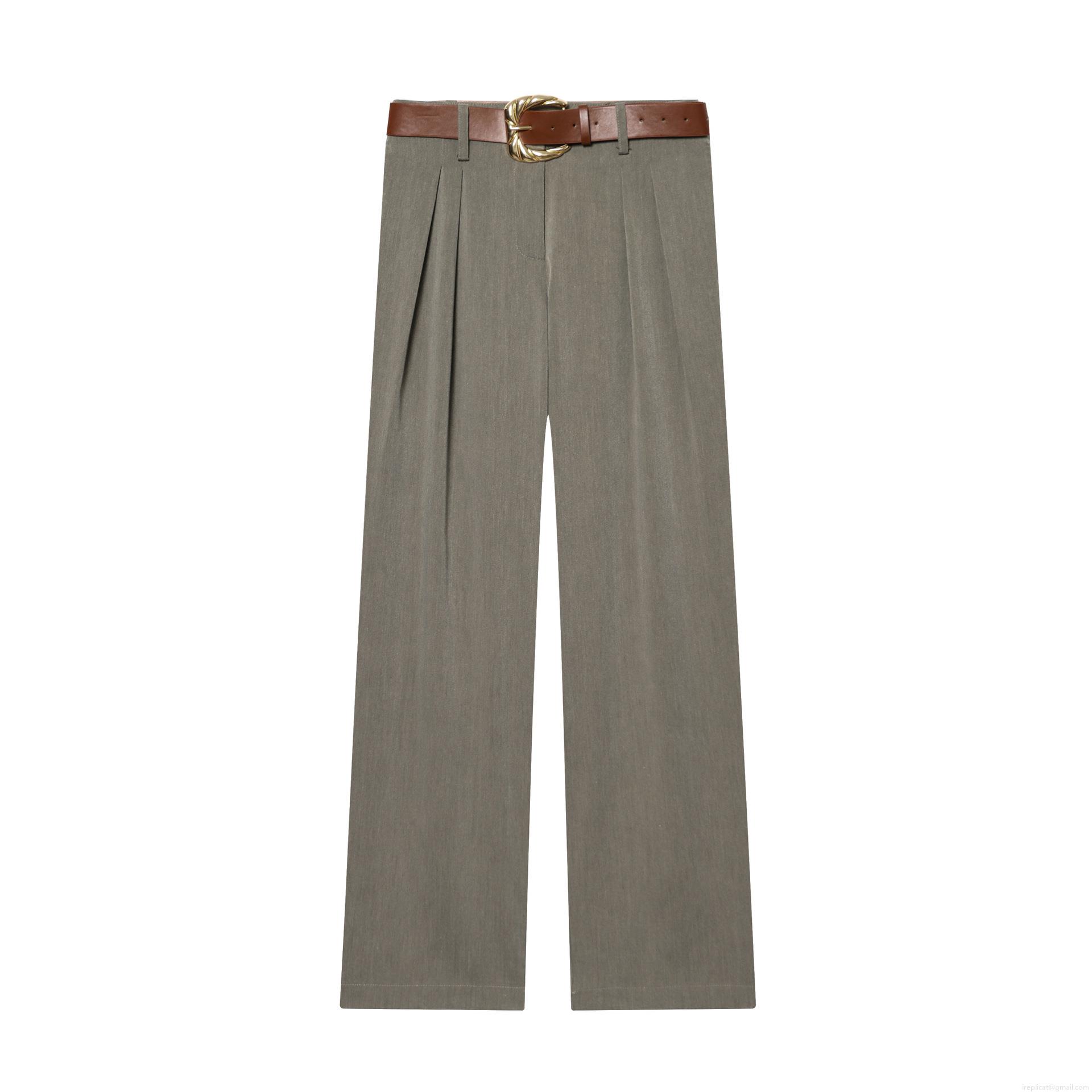 Women's High Waist Straight Leg Pants With Brown Leather Belt Polyester Blend Core-spun Yarn Twill Long Trousers Office Casual Versatile Elegant Bottoms For Ladies