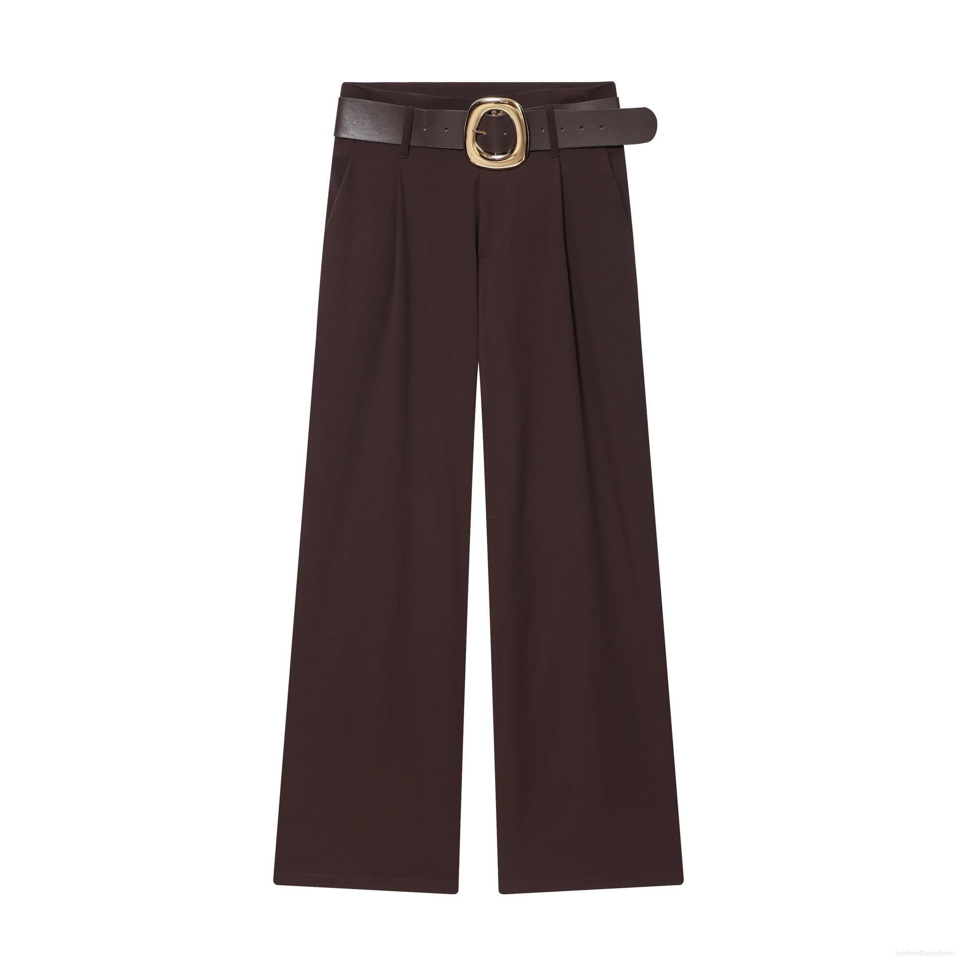 Women's High Waist Wide Leg Trousers With Belt Dark Brown Solid Color Polyester Alloy Casual Office Straight Pants Elegant Commuting Outfit