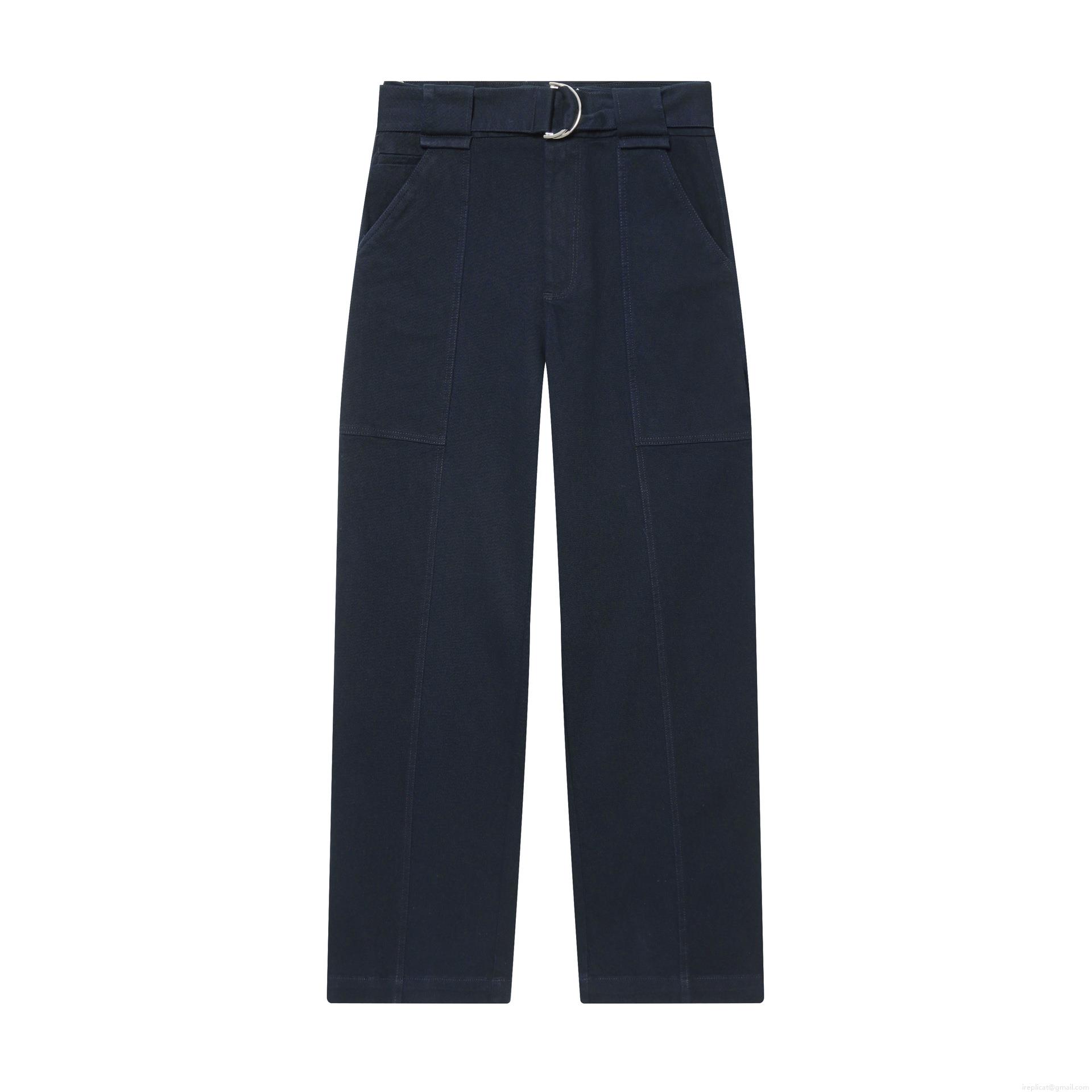 Women's Fashion Casual Cargo Pants With Belt High Waist Deep Blue Twill Straight Leg Trousers Multi Pockets Streetwear Lady Utility Work Pants