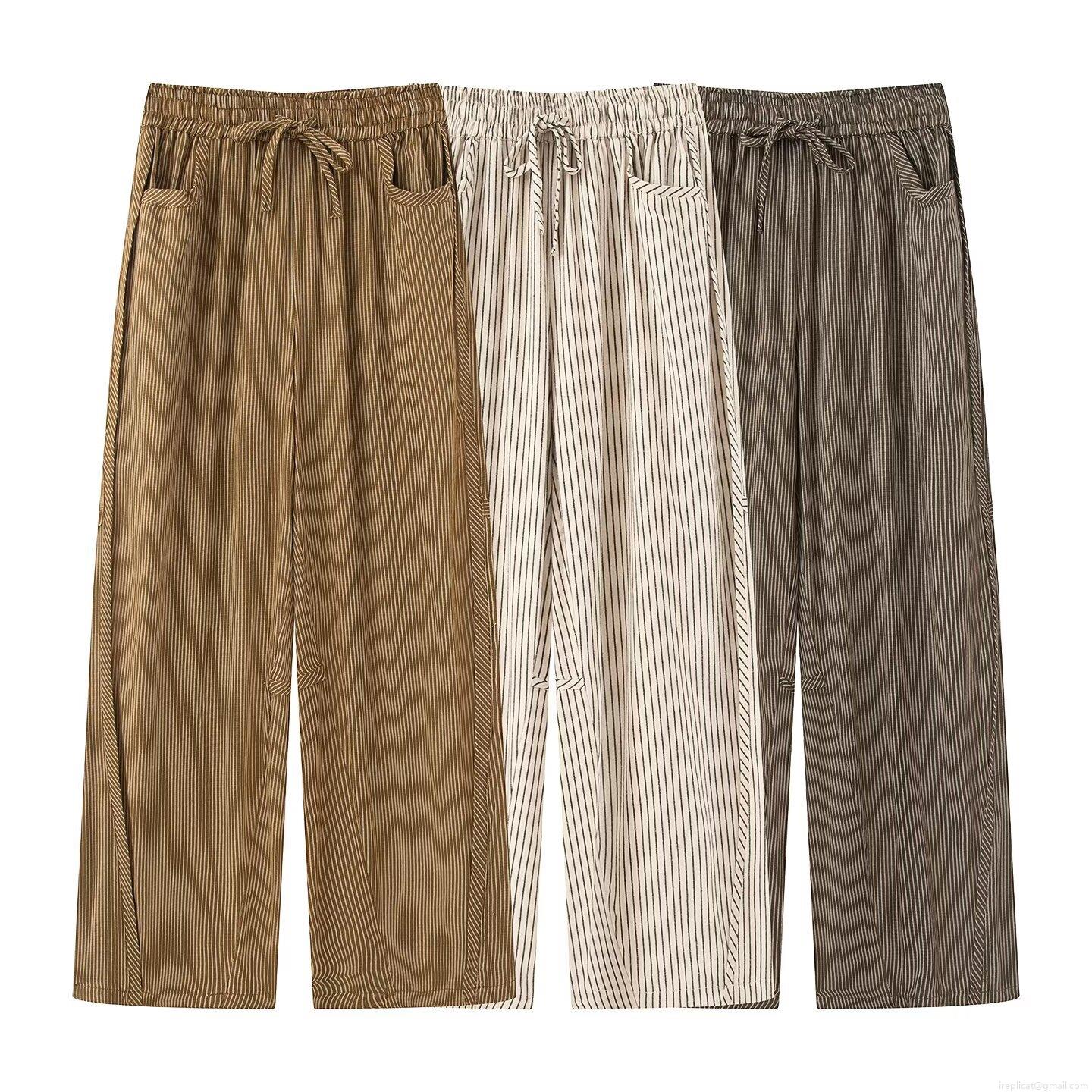 Women's Striped Wide Leg Pants Casual Bohemian Drawstring Elastic Waist Polyester Spandex Loose Straight Long Trousers With Pockets