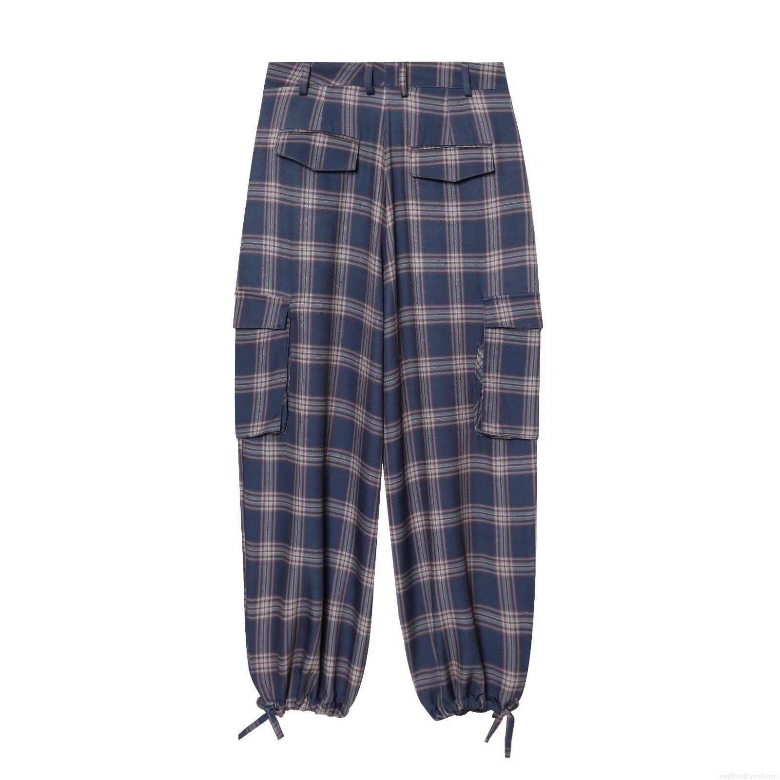 Women's Plaid Cargo Pants Fashion High Waist Multi-Pocket Tapered Trousers Vintage Blue Plaid Polyester Long Pants With Leg Ties For Women