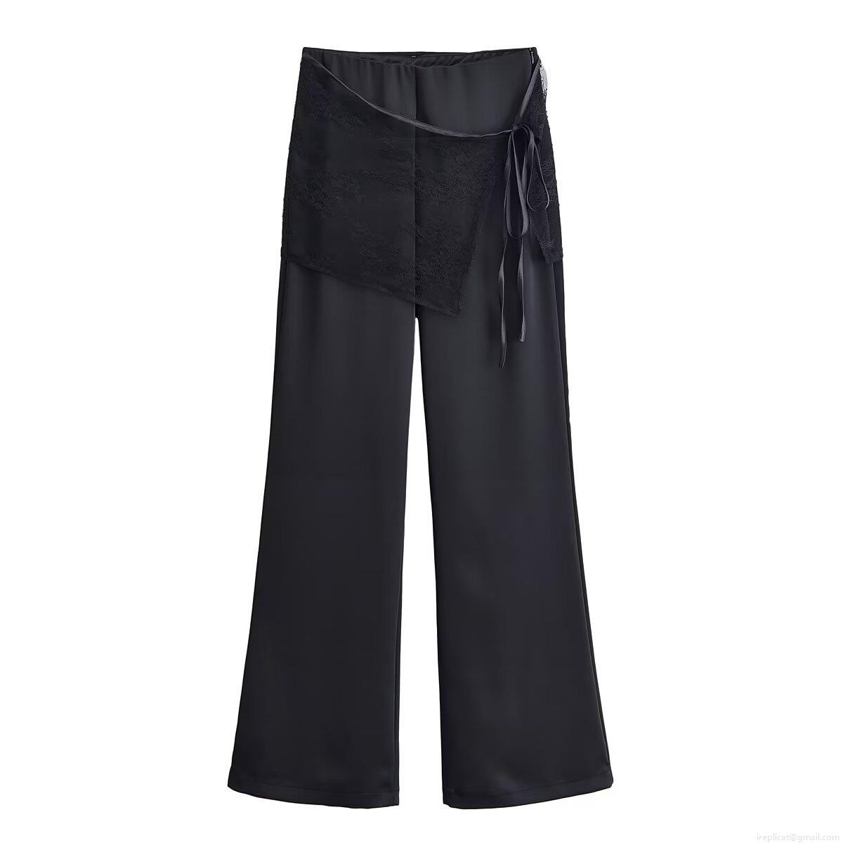 Women's Fashion Casual Wide Leg Pants Polyester Lace Waist Overlay With Satin Ribbon Tie Irregular Hem Loose Fit Trousers For Daily Office Women Winter Clothing