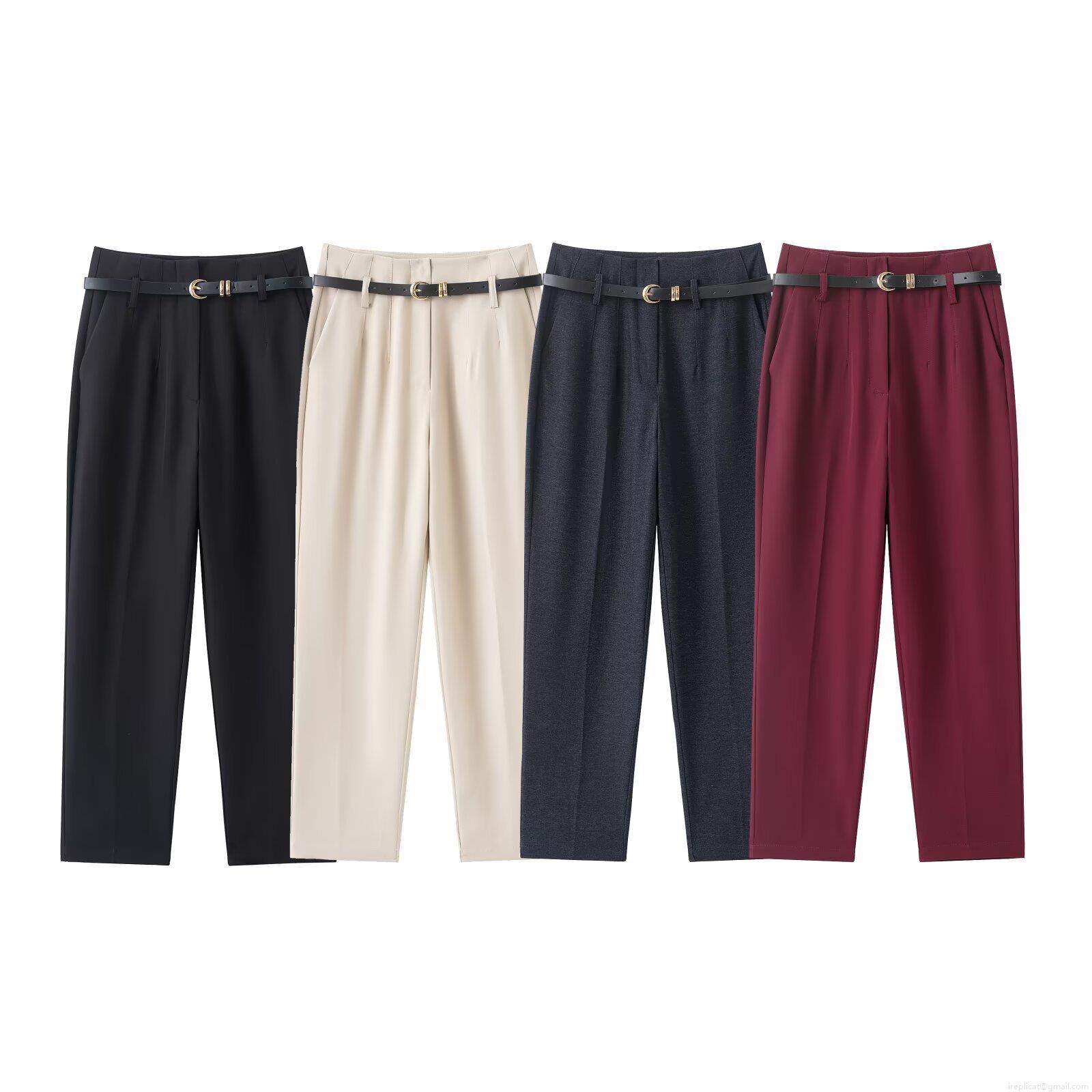 Women's High Waist Straight Leg Trousers With Belt Casual Solid Color Office Commuter Suit Pants Elegant Loose Long Pants For Women