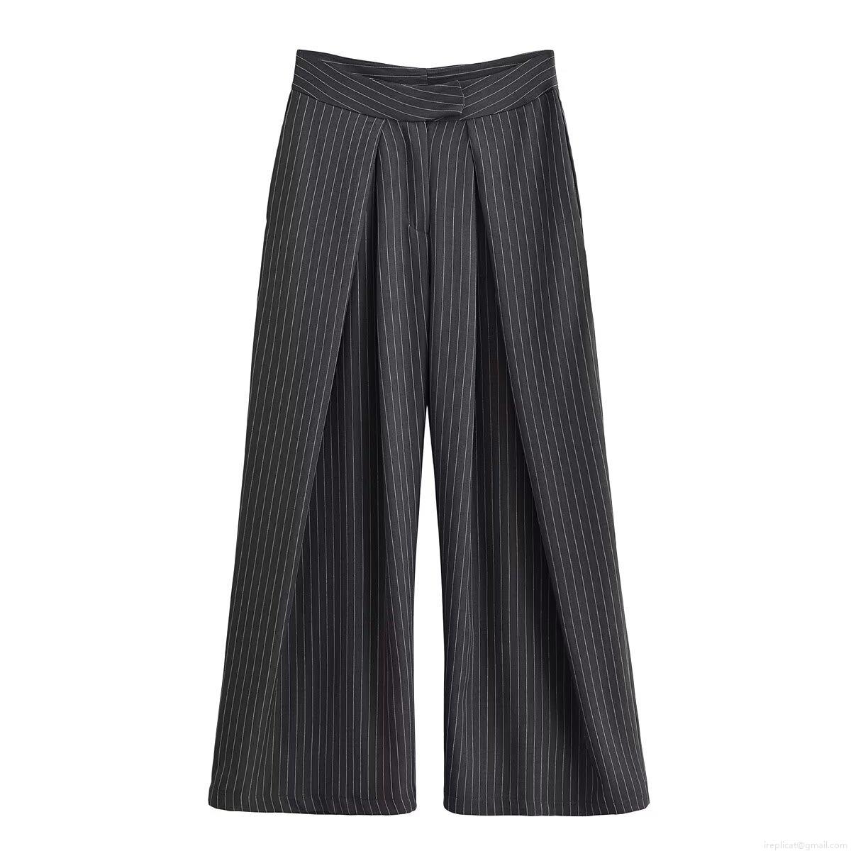 Women's Fashion Stripe Wide Leg Pants 100% Polyester Pleated Commute Casual Straight Trousers For Office Work Lady