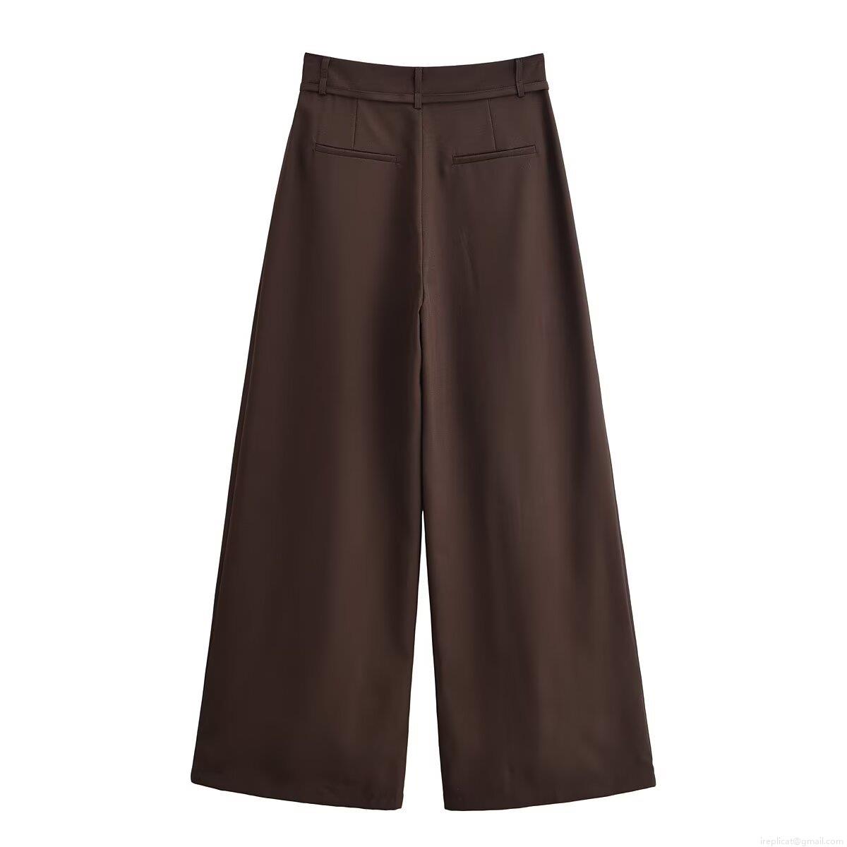 Women's Retro High Waist Wide Leg Suit Pants With Belt 100% Polyester Loose Drape Casual Office Commute Trousers Solid Coffee Brown Autumn Winter Fashion Long Pants