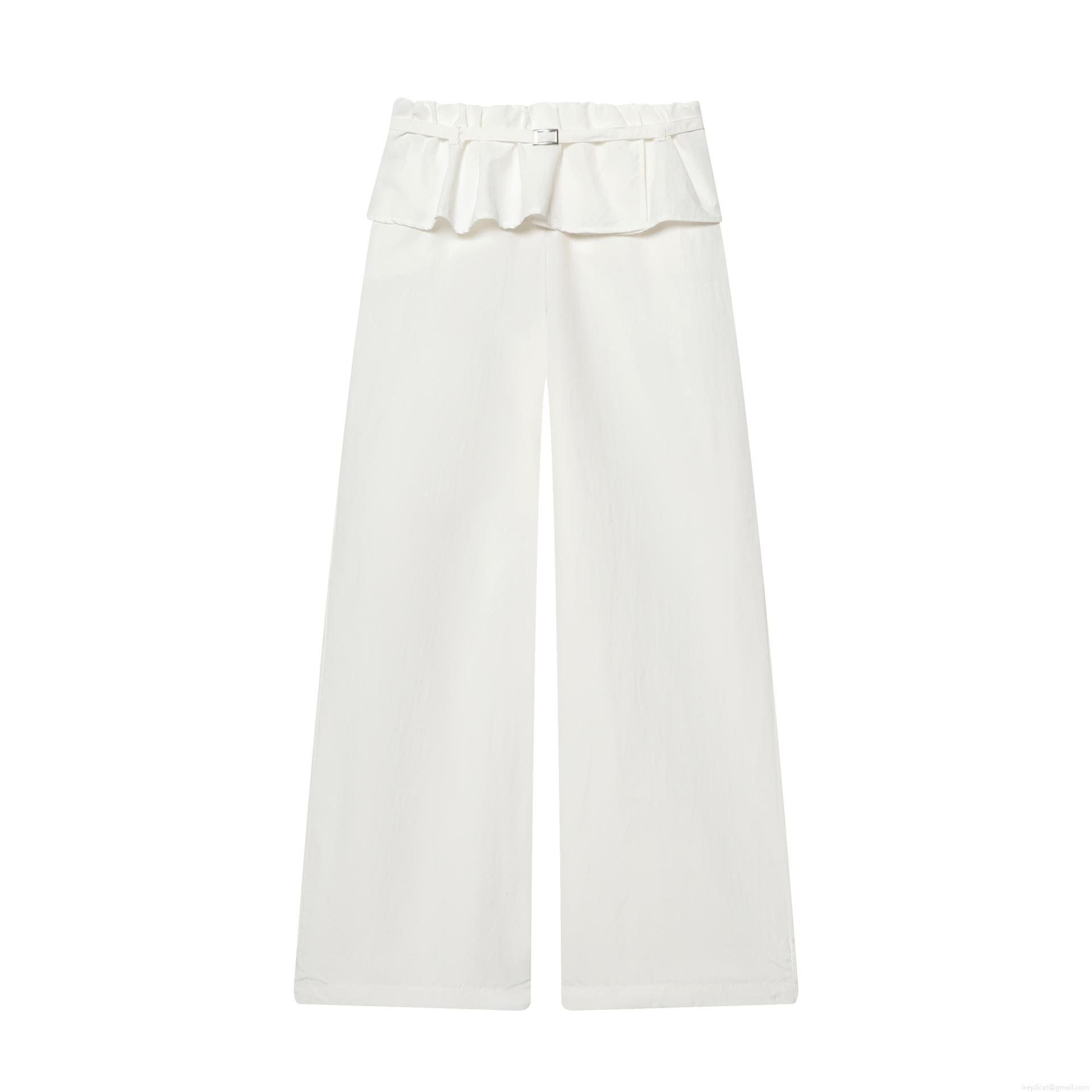 Women High Waist Ruffle Wide Leg Pants With Metallic Buckle Belt Casual Nylon Crinkle Solid White Long Trousers Loose Fashion Bottoms for Ladies