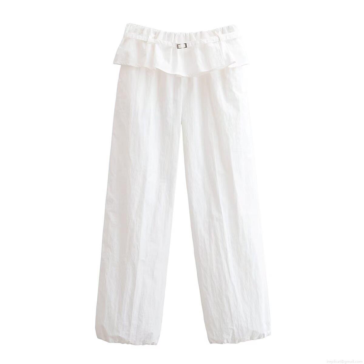 Women's High Waist Ruffle Wide Leg Pants Elegant White Polyester Trousers With Metal Buckle Casual Straight Loose Long Pants For Office Daily Wear Fashion Bottoms