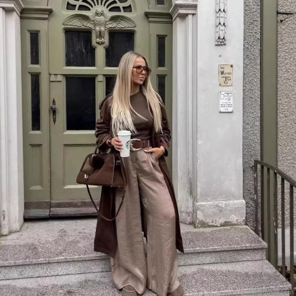 Women's Satin High Waist Wide Leg Pants with Belt Chic Elegant Solid Color Polyester Trousers Casual Long Pants for Office Daily Commuting