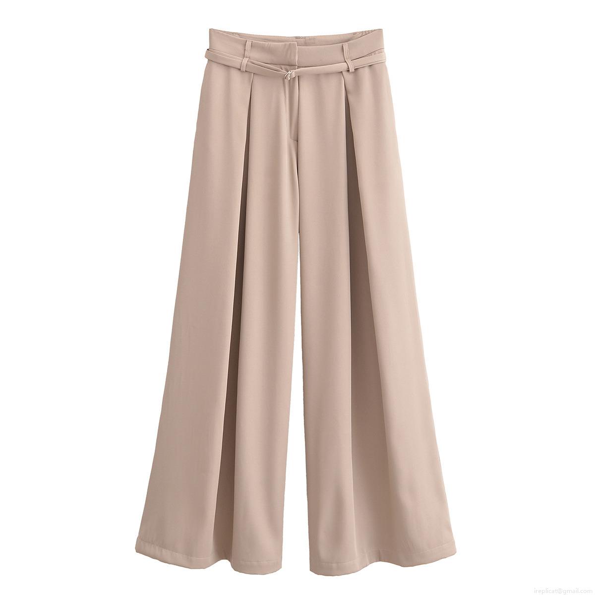 Women's High Waisted Wide Leg Trousers Casual Elegant Pleated Straight Pants With Slim Belt Solid Color 100% Polyester Long Trousers For Office Lady