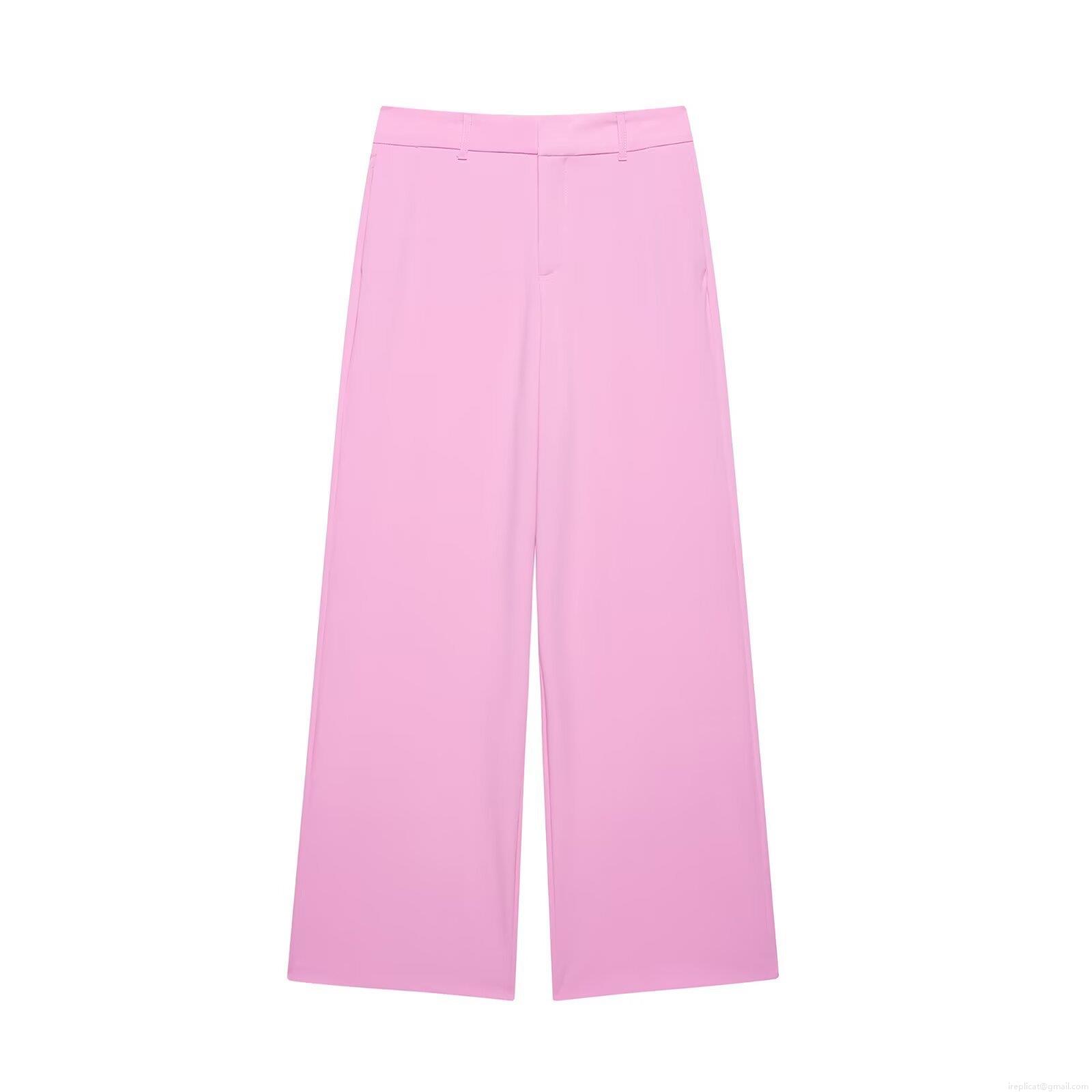 Women High Waist Wide Leg Suit Pants Elegant Bright Pink Polyester Tech Fabric Trousers Loose Straight Dress Slacks For Office Lady Spring Summer Solid Color Long Bottoms