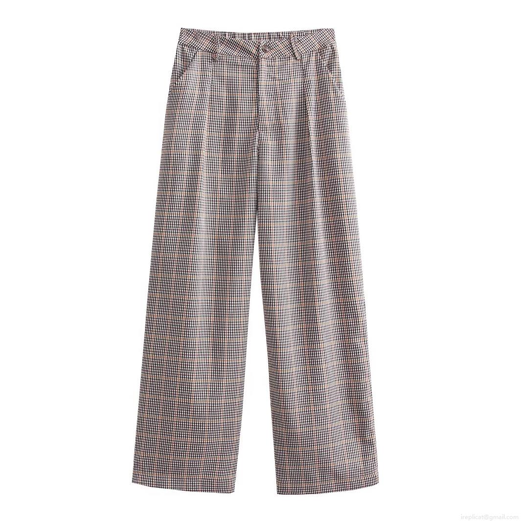 Women's Retro High Waist Plaid Wide Leg Pants Casual Woven Polyester Full Length Trousers Retro British Style Plaid Straight Trousers For Daily Streetwear