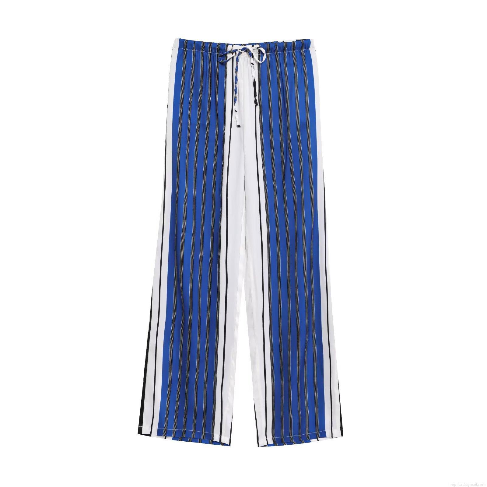 Women's Vertical Stripe Wide Leg Pants High Waist Drawstring Polyester Casual Trousers for Daily Summer Lounge Loose Fit Comfortable Pants