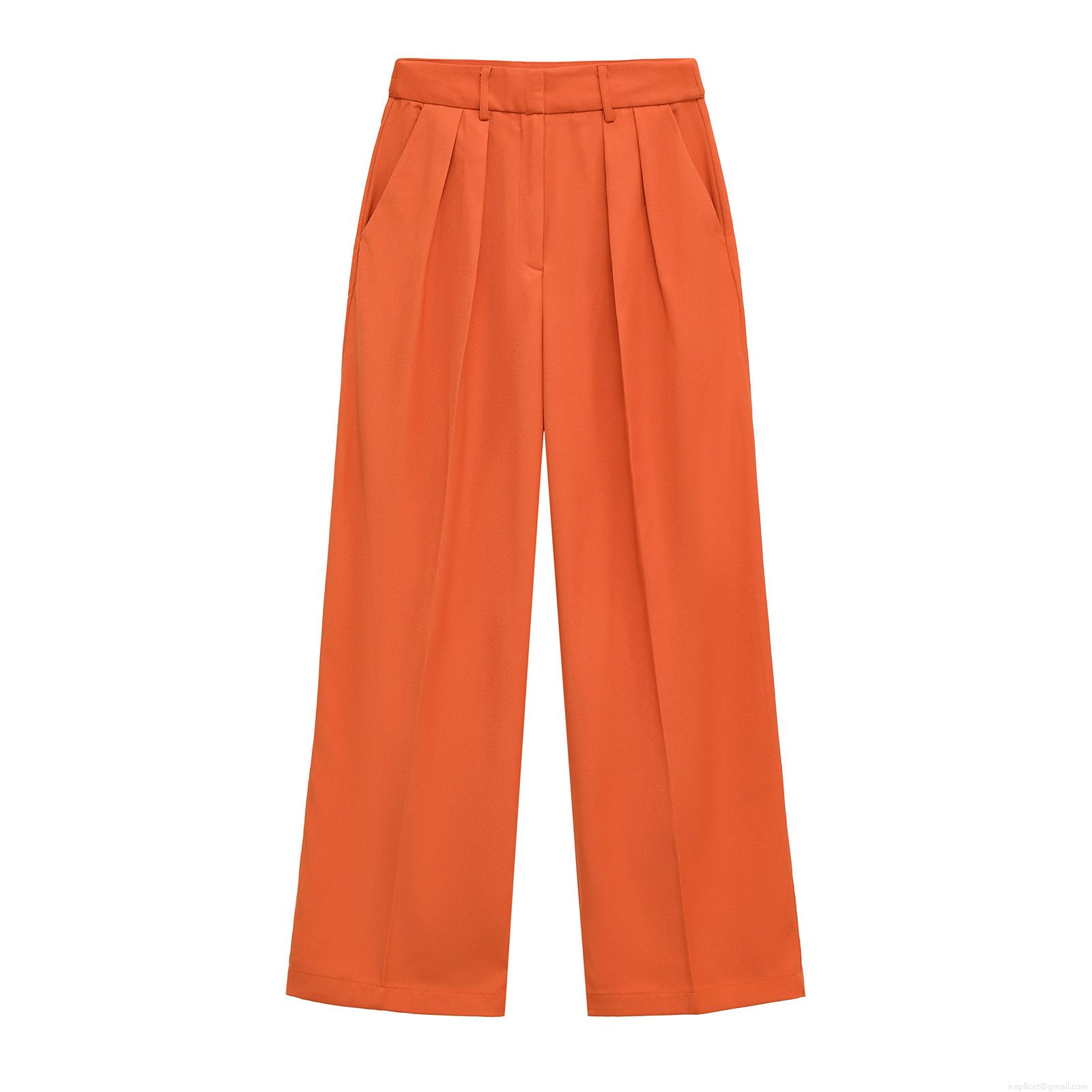 Women's High Waisted Wide Leg Trousers Solid Orange Straight Pleated Front Crease Casual Office Business Pants Polyester Long Trousers For Women