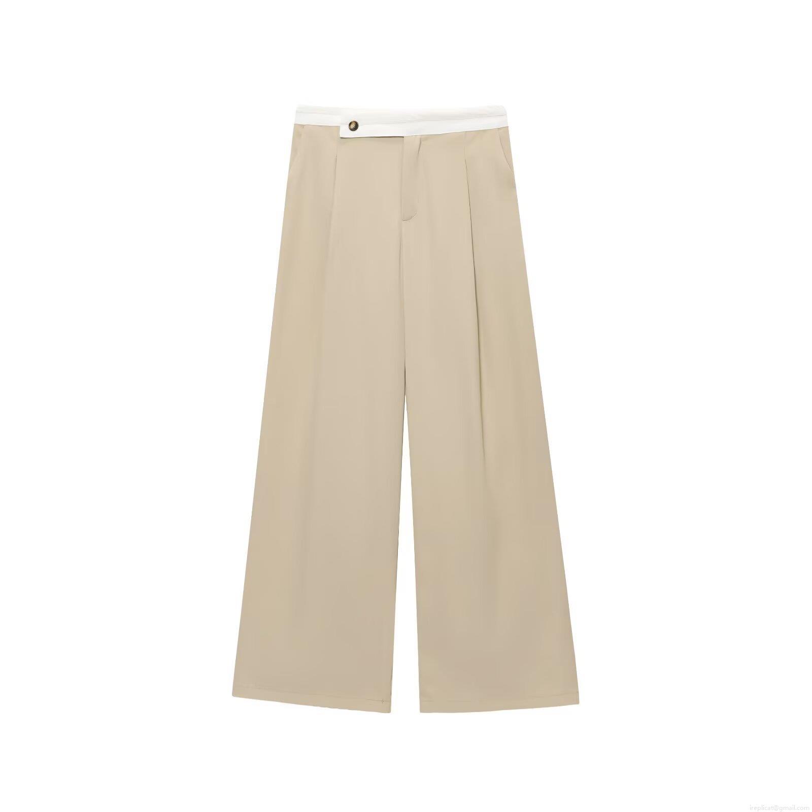 Women's High Waist Wide Leg Trousers Contrast Color Patchwork Waistline Polyester Casual Straight Leg Pants Office Lady Streetwear Khaki