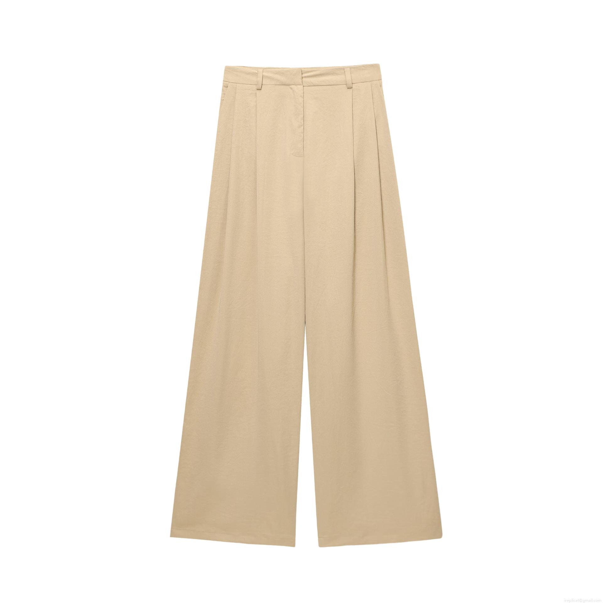 Women's High Waist Wide Leg Pants Linen Polyester Blend Pleated Casual Straight Trousers for Work Daily Summer Spring Khaki Pants