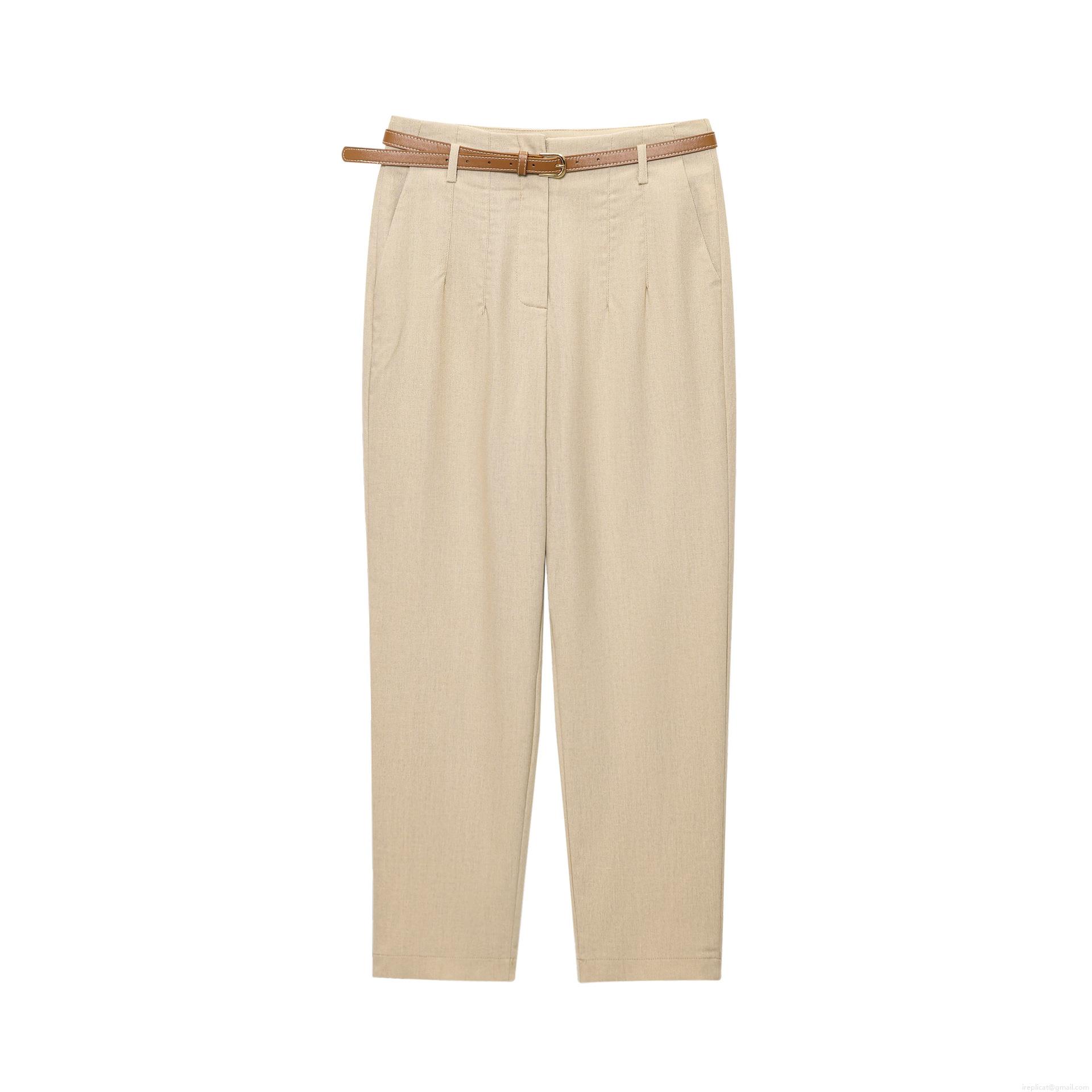 Women's High Waist Straight Leg Casual Pants With Brown Belt Khaki Summer Vacation Cotton Linen Blend Trousers For Women Elegant Office Trousers