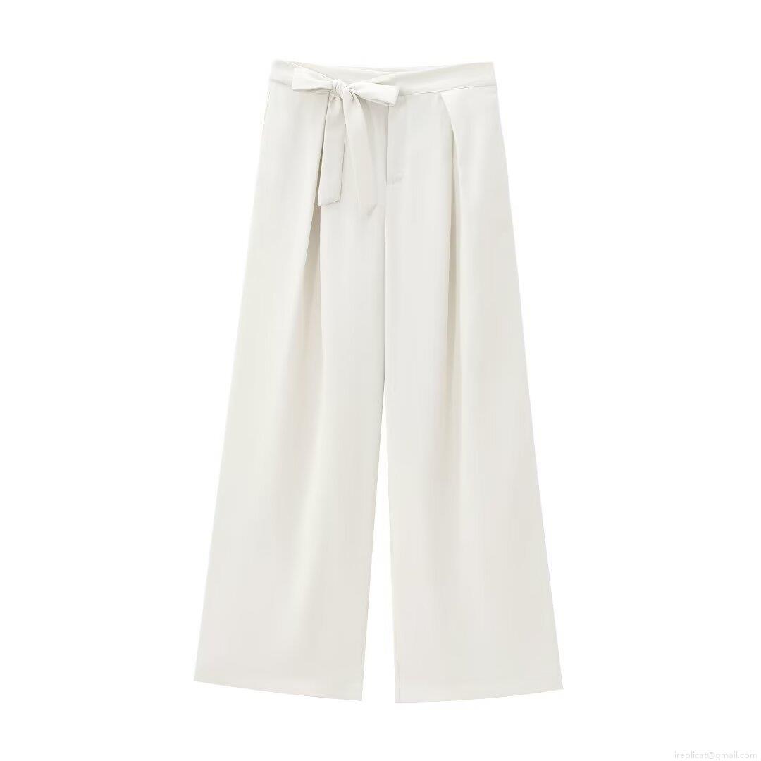 Women High Waist Wide Leg Trousers Elegant Polyester Twill Fabric Tied Bow Belt Solid Creamy White Casual Office Workwear Fashion Loose Full Length Pants
