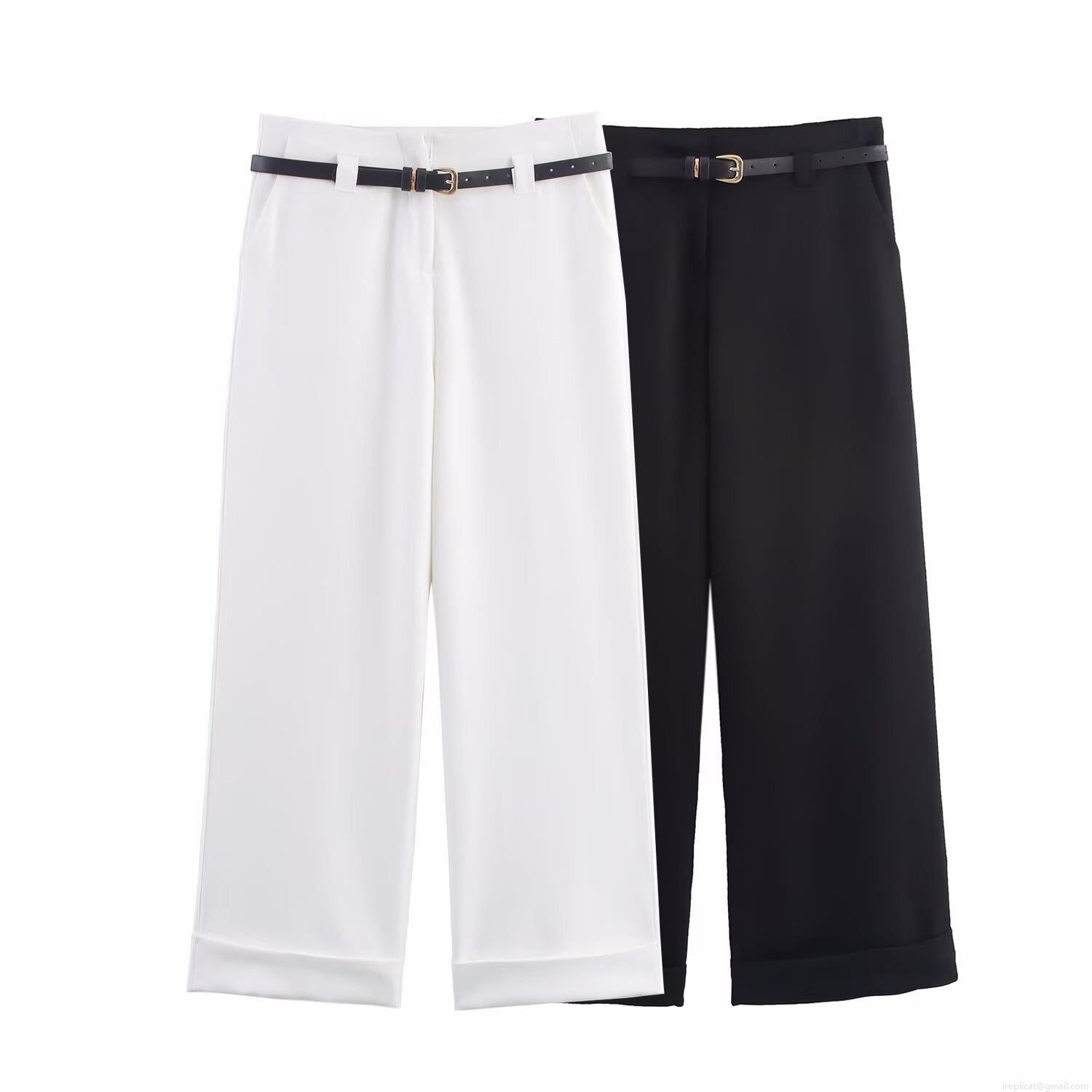 Elegant Women's High Waist Wide Leg Pants With Black Leather Belt Cuffed Hem Office Work Polyester Trousers Casual Straight Leg Bottoms