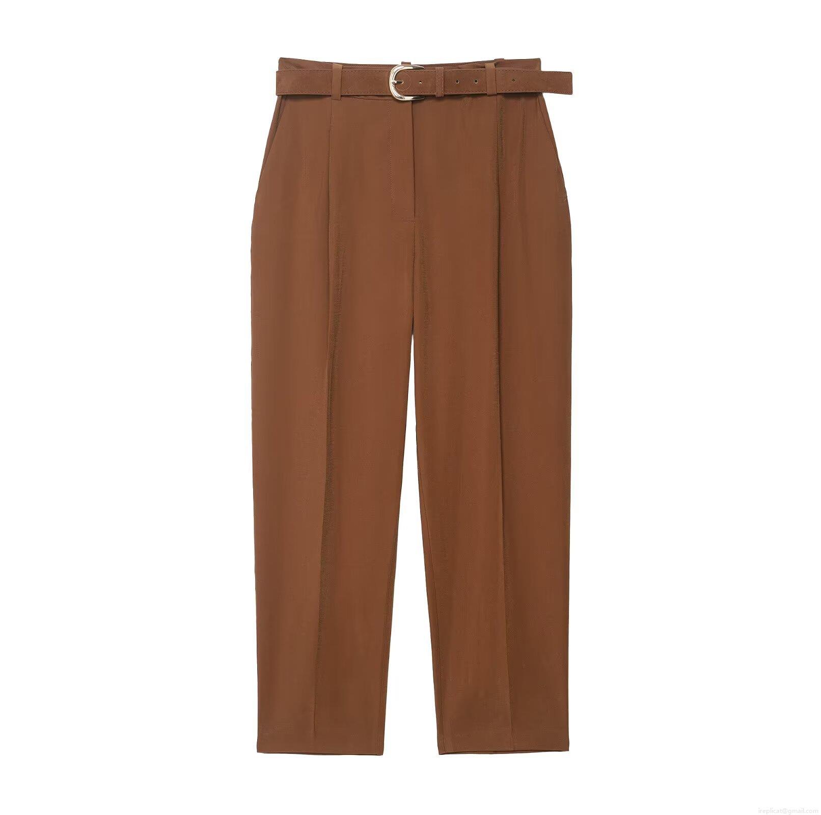 Women's High Waist Polyester Office Casual Trousers With Matching Belt Solid Color Caramel Straight Leg Suit Pants For Women Work Daily Wear