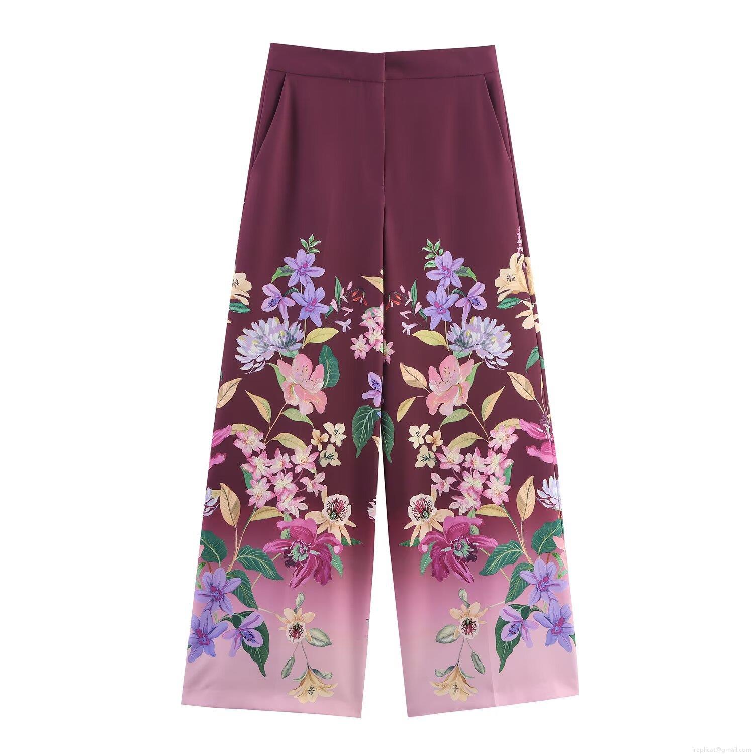 Women's Floral Print Wide Leg Pants Gradient Color High Waist Chiffon Casual Loose Long Trousers With Pockets Fashion Elegant Streetwear For Summer Spring