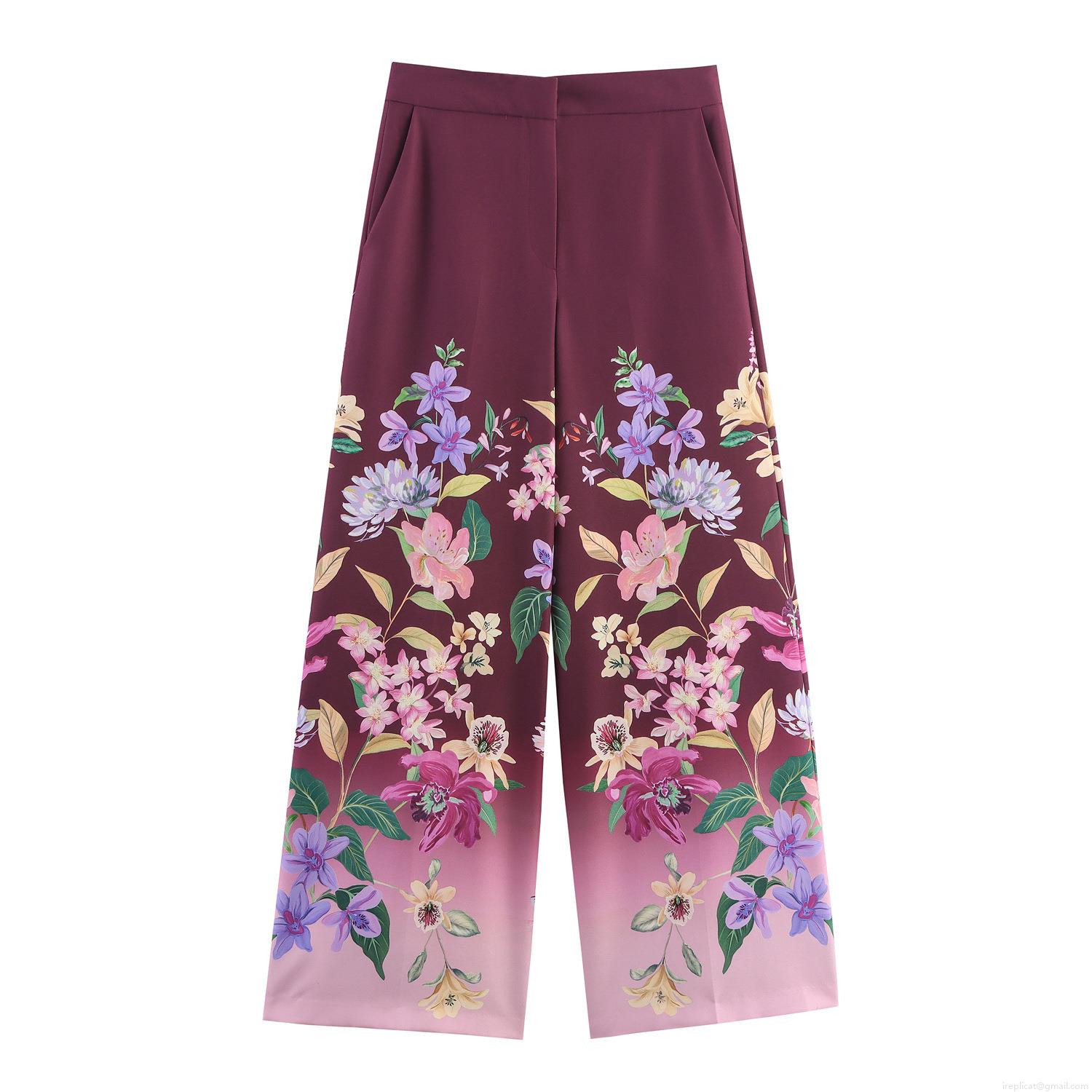 Women's Fashion Floral Print Wide Leg Pants High Waist Polyester Gradient Long Trousers For Casual Vacation Summer Spring Breathable Comfortable Bottoms